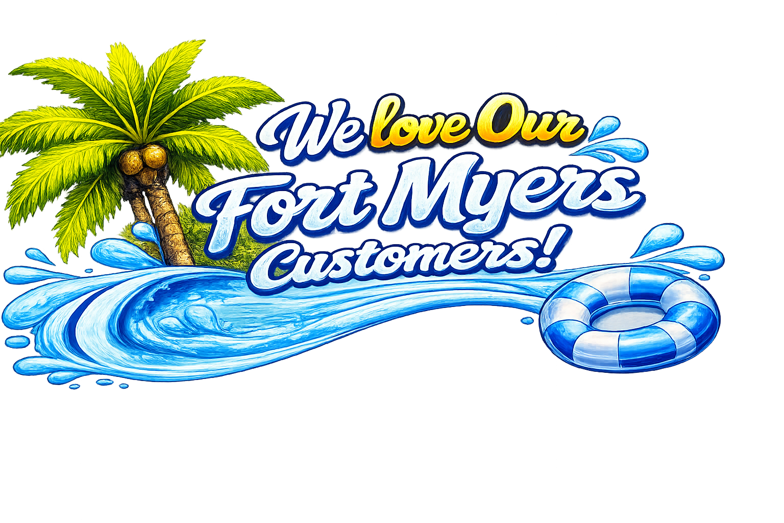 Sign with palm tree, water splash, and lifebuoy, reading 'We love Our Fort Myers Customers!'