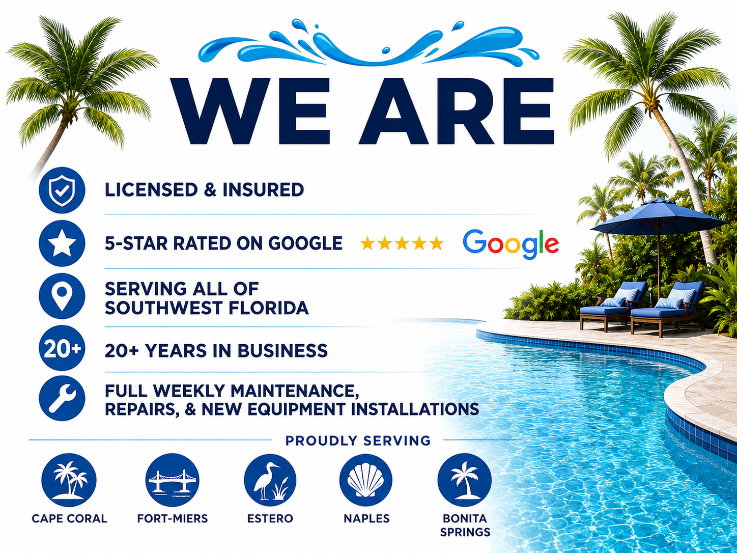 Brandon Pools is Licensed & Insured- 5 Star Rated - Serving Cape Coral- Fort Myers - Estero - Naples - Bonita Springs Full Weekly Maintenance - Repairs - New equipment Installations
