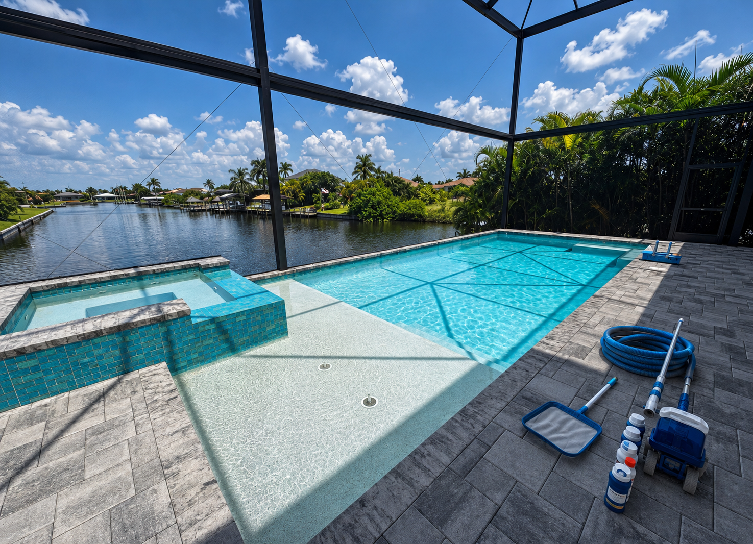 Weekly pool maintenance in Cape Coral, Florida by Brandon Pools. Professional swimming pool cleaning, water balancing, robotic vacuuming, and pool equipment inspections for homeowners throughout Southwest Florida.