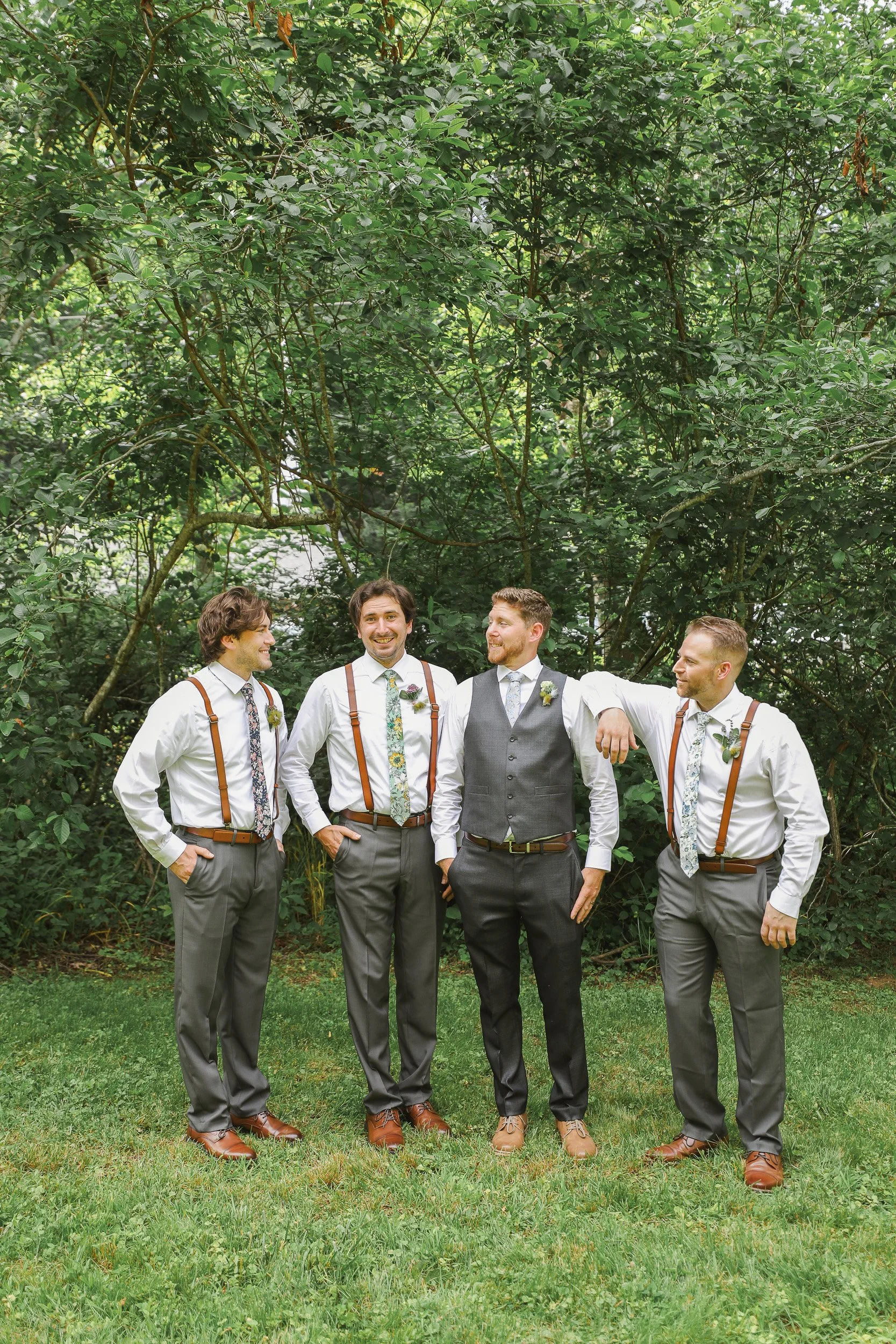 Groomsmen in backyard wedding in the mountains of South Carolina. 
