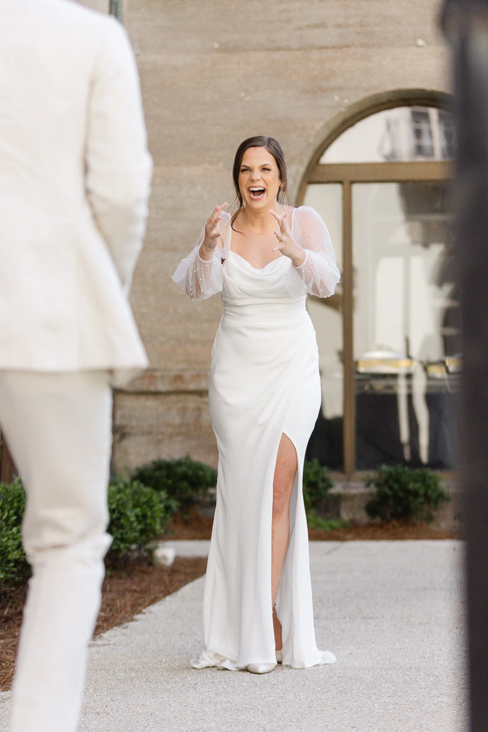 A bride and groom during first look at intimate wedding in Greenville, SC