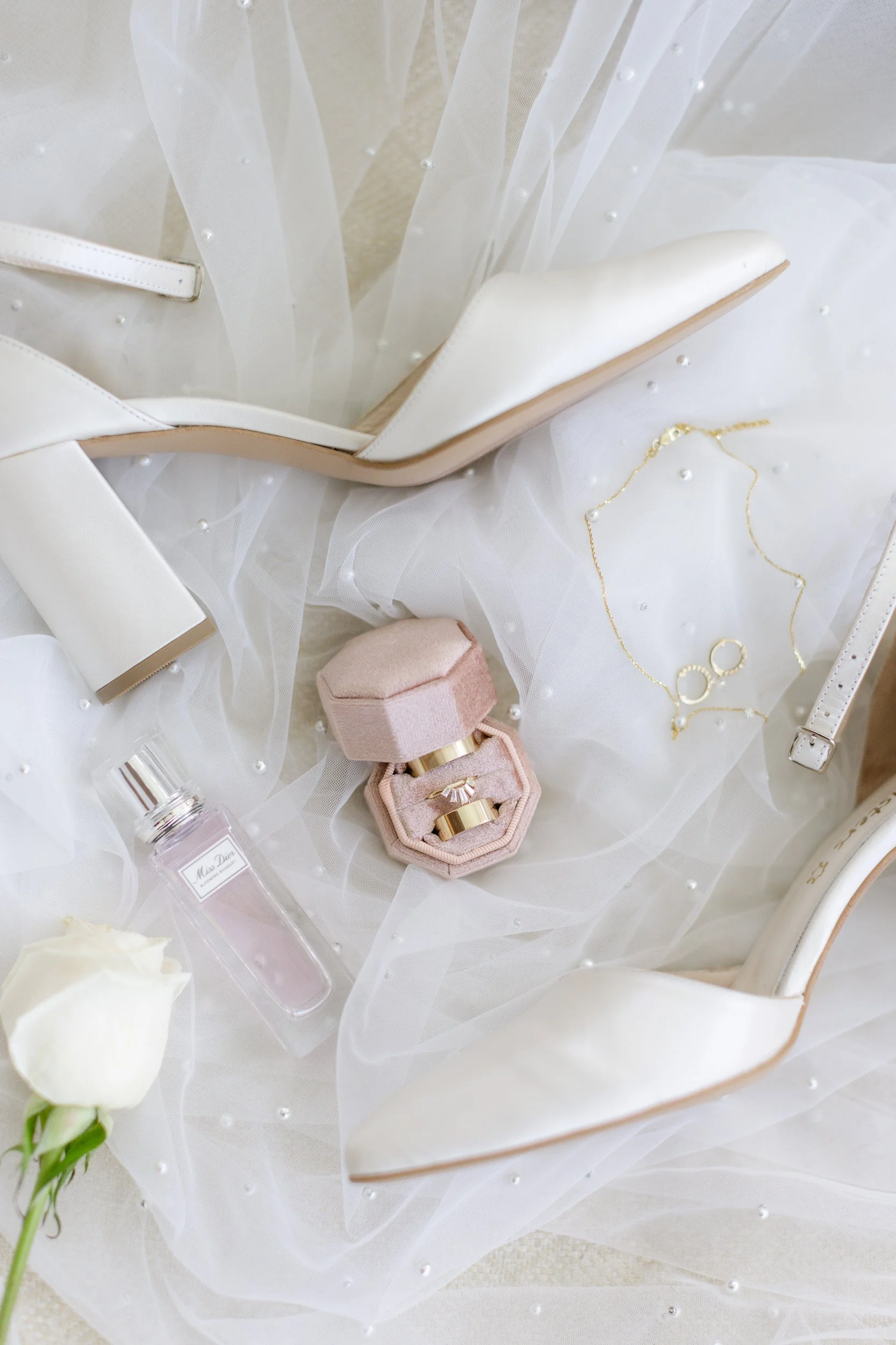 Close-up of a white wedding shoe and details during intimate wedding in Travelers Rest, SC