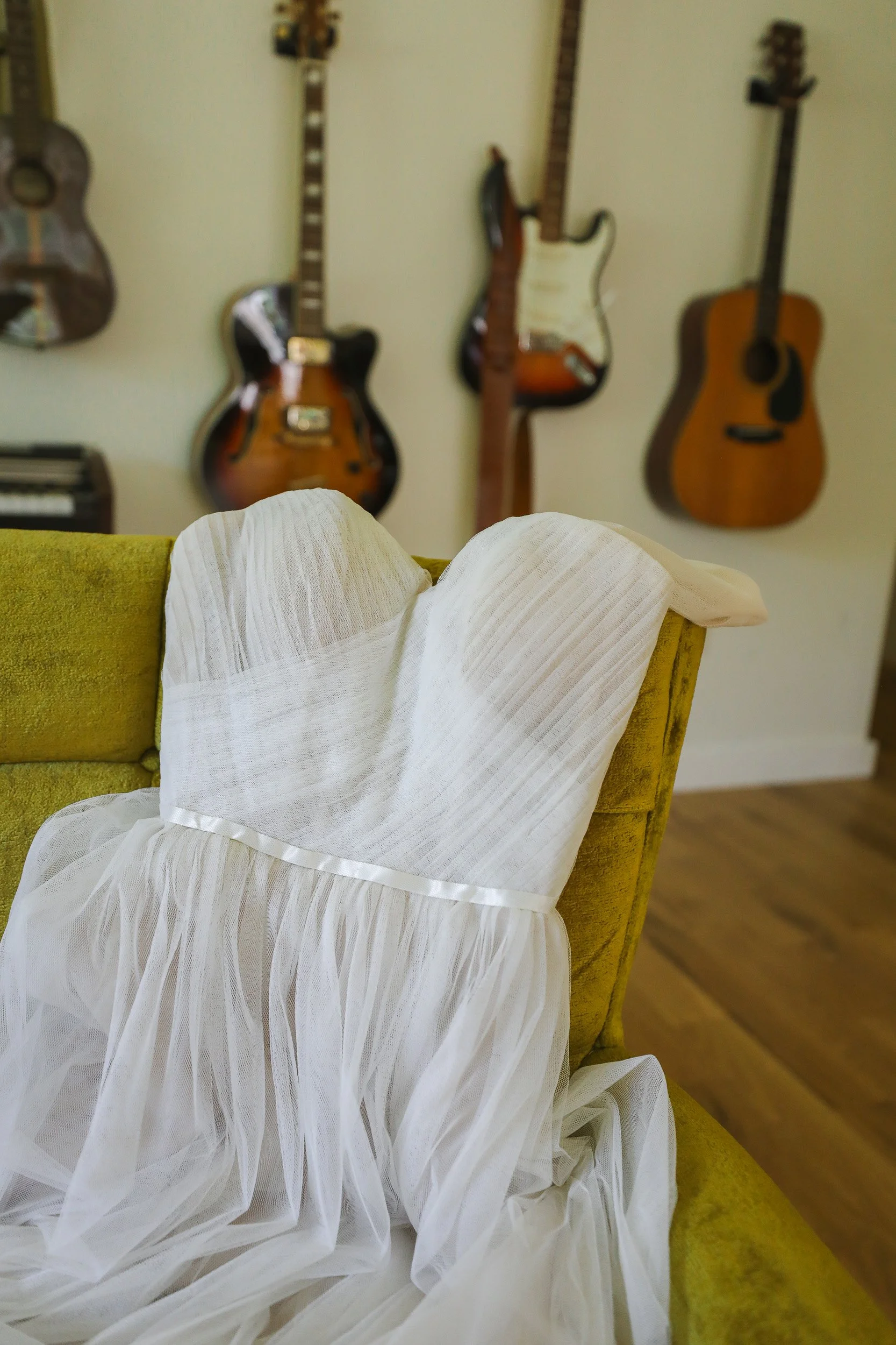 Wedding dress over chair in small intimate home wedding in Clemson, SC
