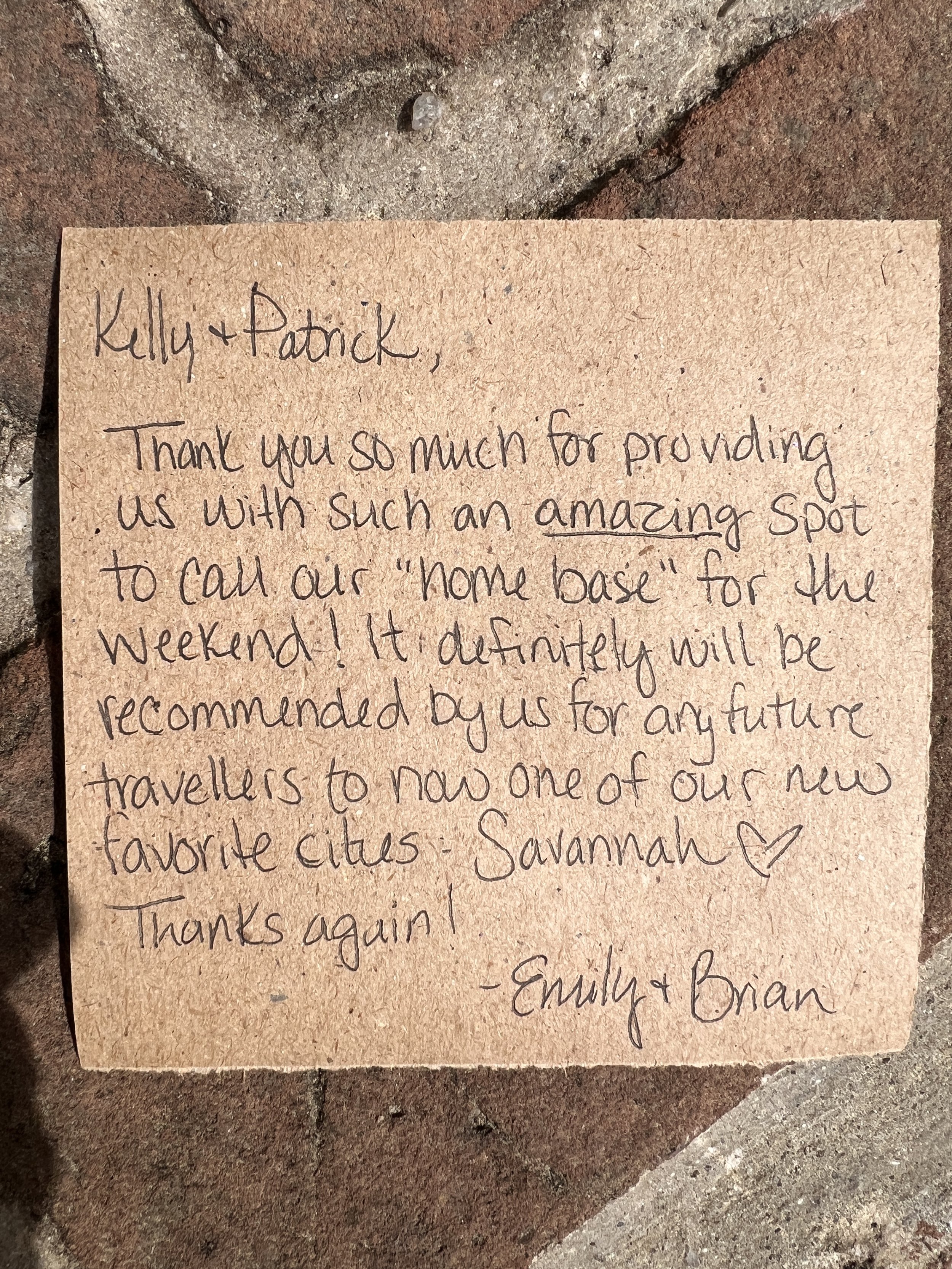 Kelly & Patrick, Thank you so much for providing us with such an amazing spot to call our "home base" for the weekend! It definitely will be recommended by us for any future travelers to now one of our new favorite cities. Savannah ❤️ Thanks again! -