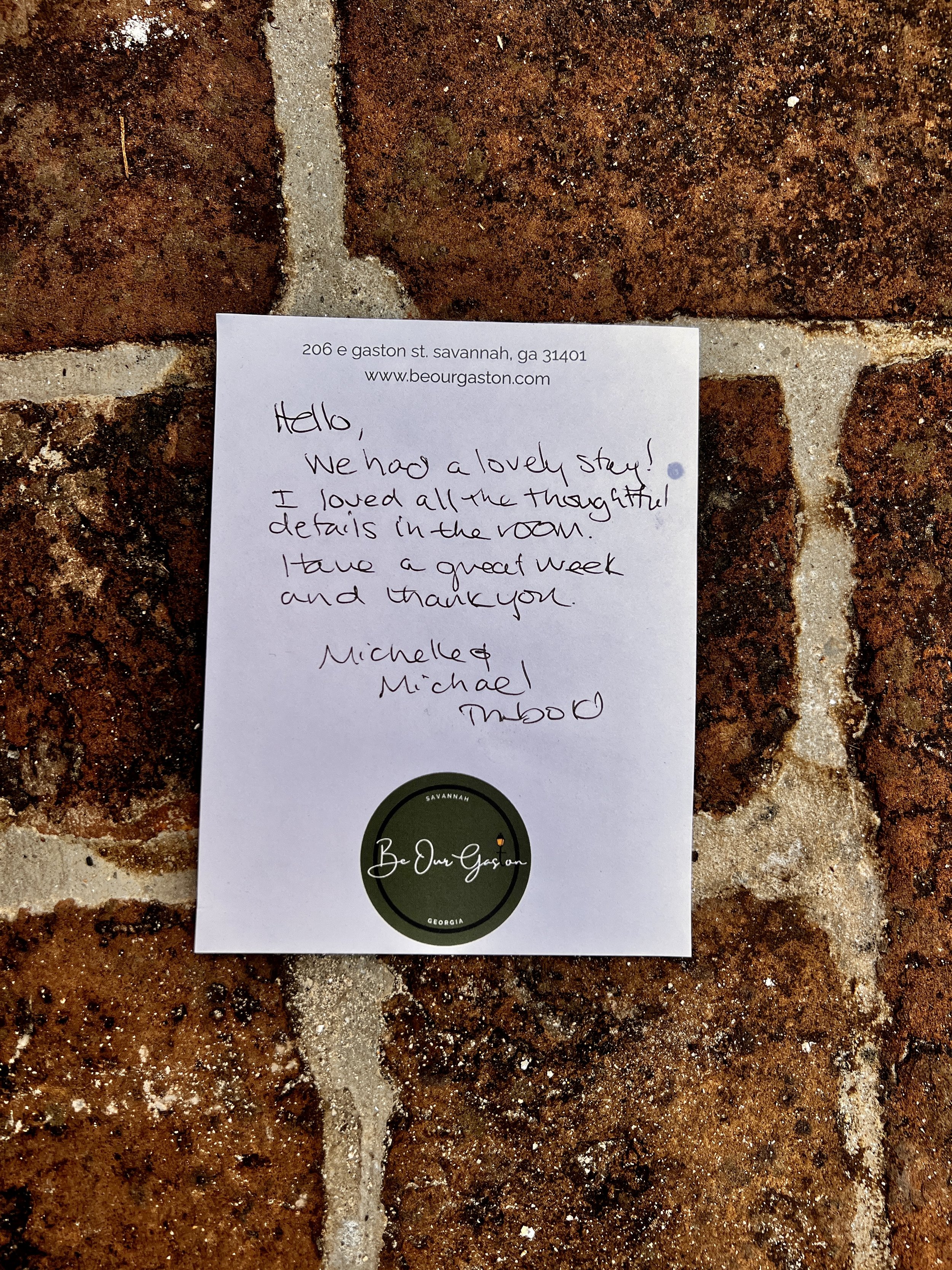 Hello, We had a lovely stay! I loved all the thoughtful details in the room. Have a great week and thank you. Michelle & Michael