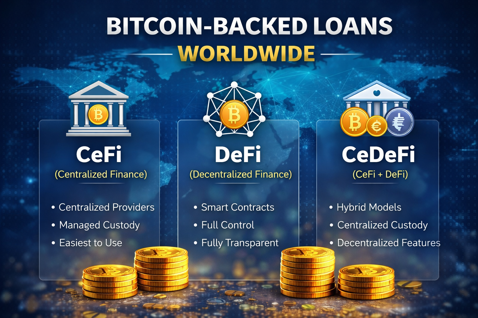 Het mondiale overzicht van Bitcoin‑backed loans, CeFi, DeFi en CeDeFi