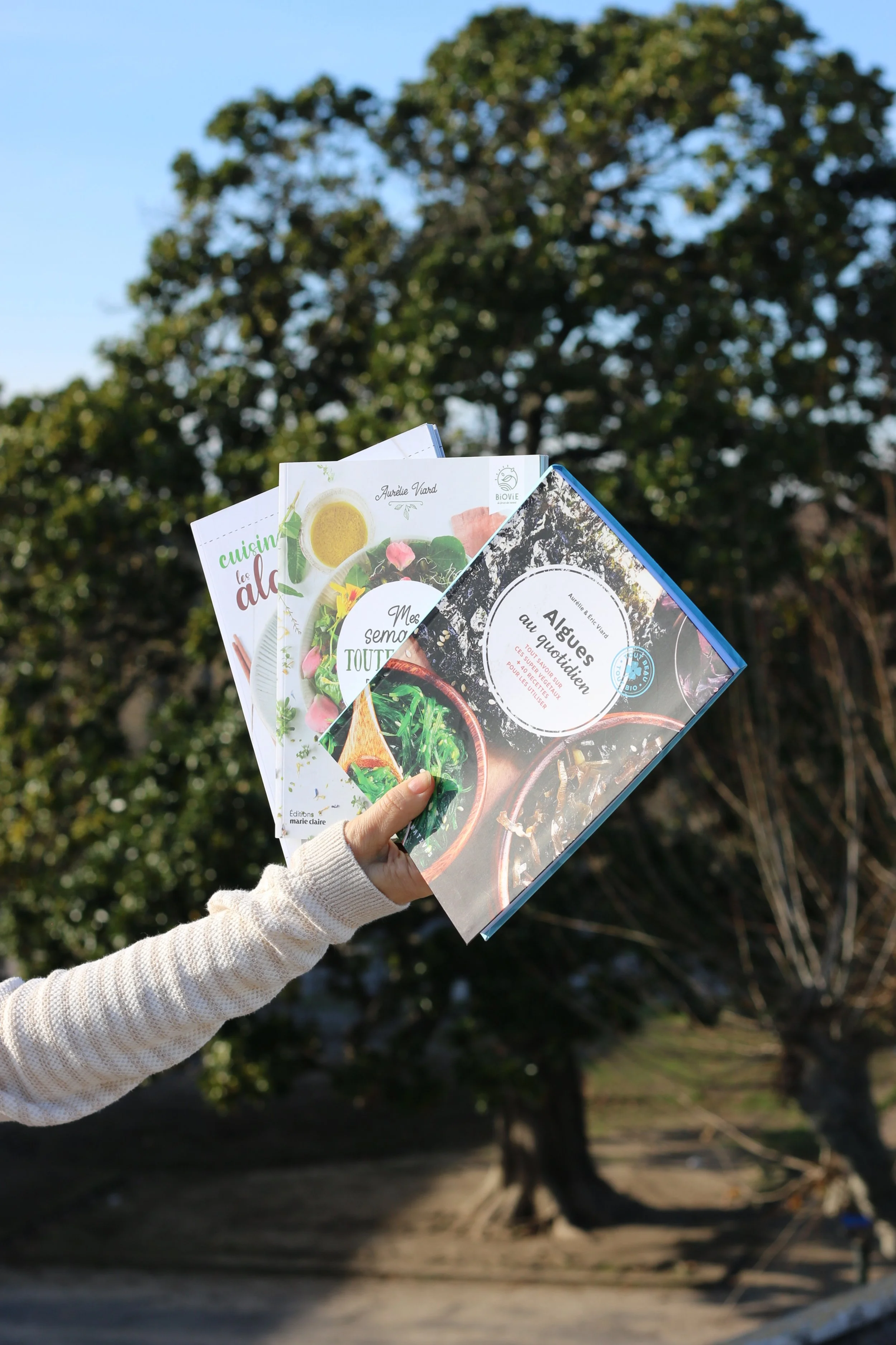 Une main tenant plusieurs livres de cuisine végétarienne ou végétalienne dans un parc en plein air, avec des arbres en arrière-plan.