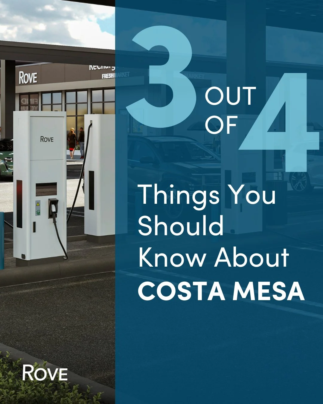 On the road to Costa Mesa &ndash; 3 out of 4 things you should know!⁠
⁠
🏆 Rove isn&rsquo;t just any EV charging center&mdash;we built it with EV drivers in mind. From our ReCharge by Gelson&rsquo;s market to clean restrooms, a lounge, and friendly c