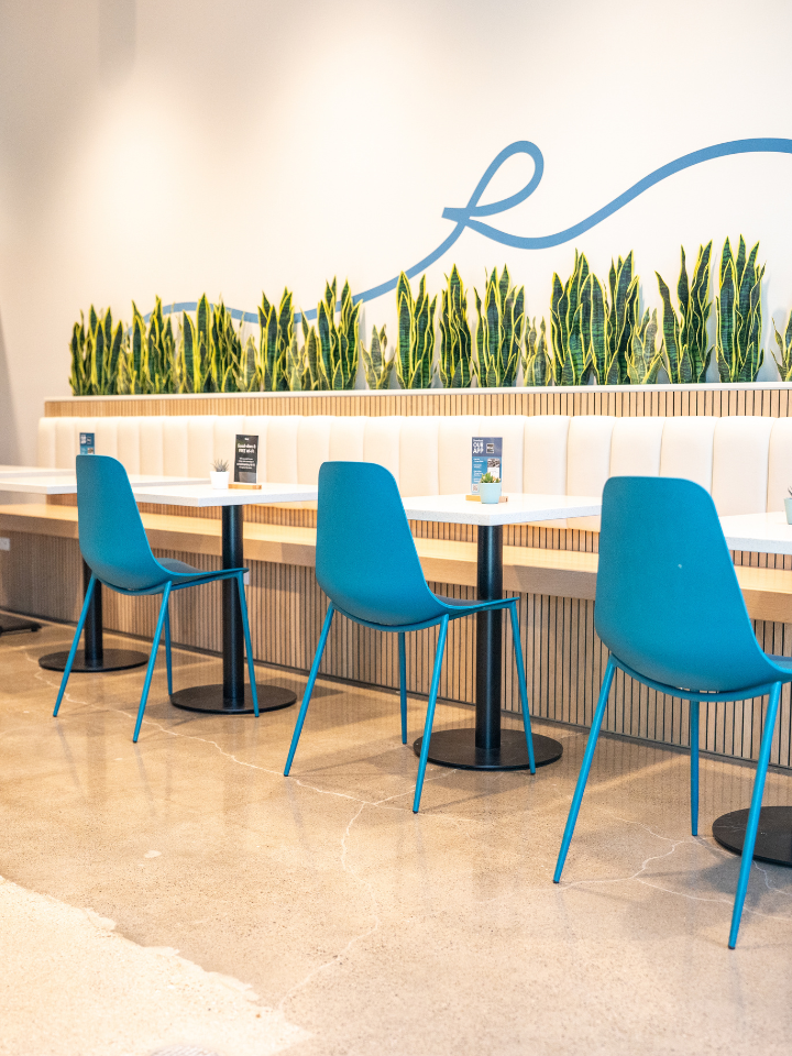 Rove Charging lounge with teal chairs, banquette and plants