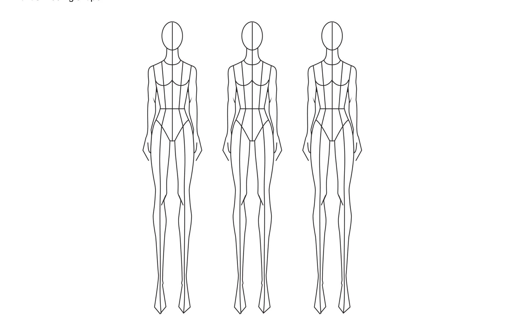 Line drawing of three human figures with body reference lines for fashion or anatomy.