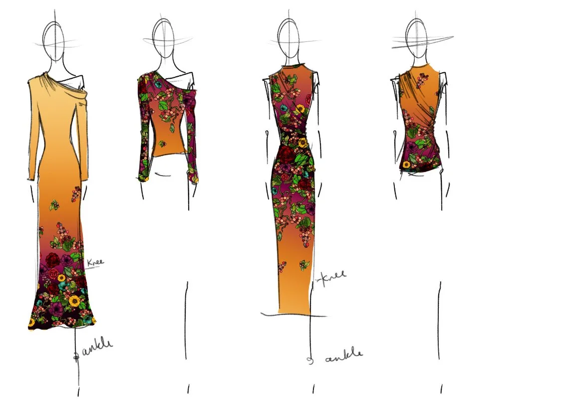 Fashion design sketches of four dresses with floral patterns, showing different styles with annotations indicating the knee and ankle lengths.