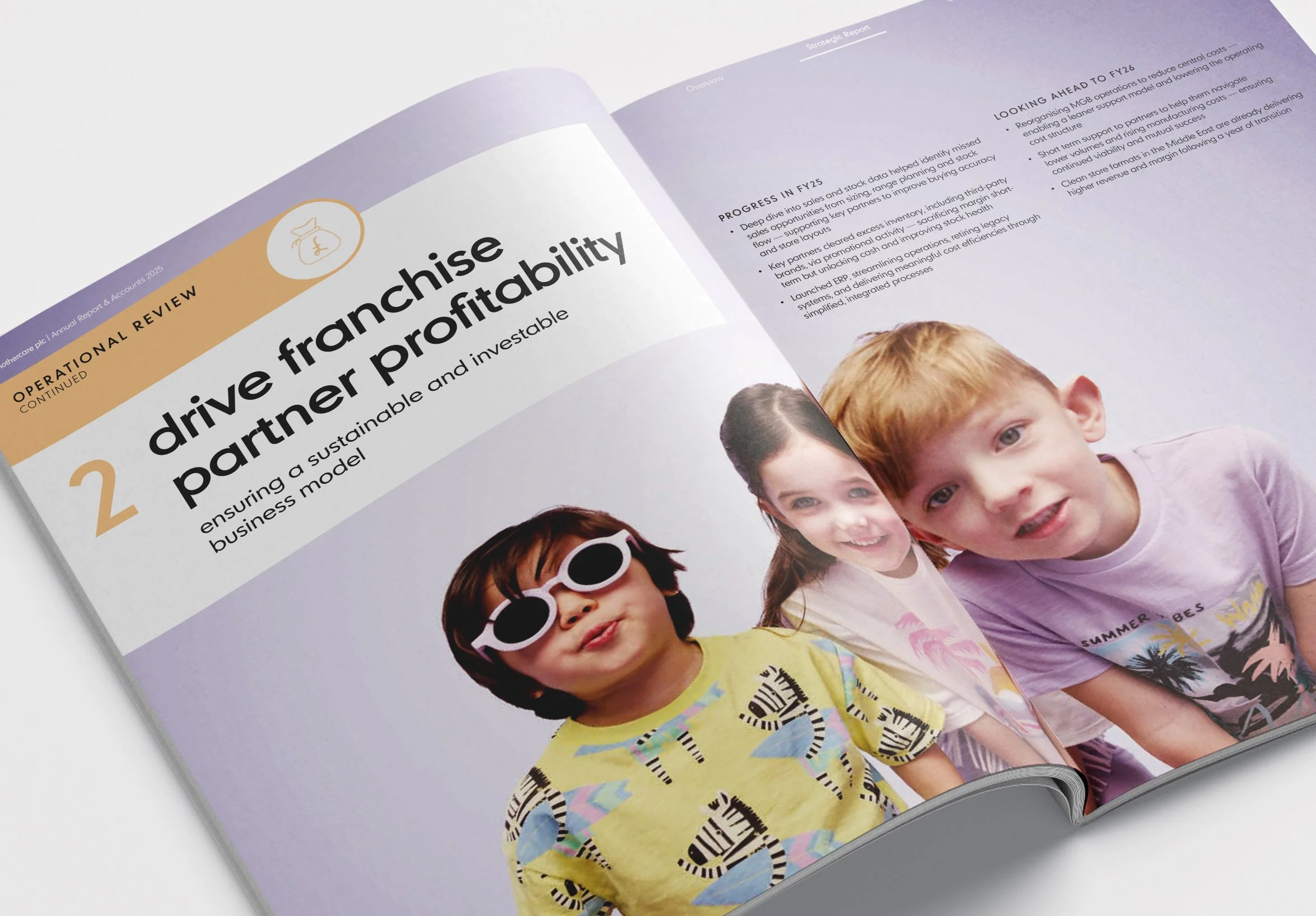 Mothercare annual report spread with image of children