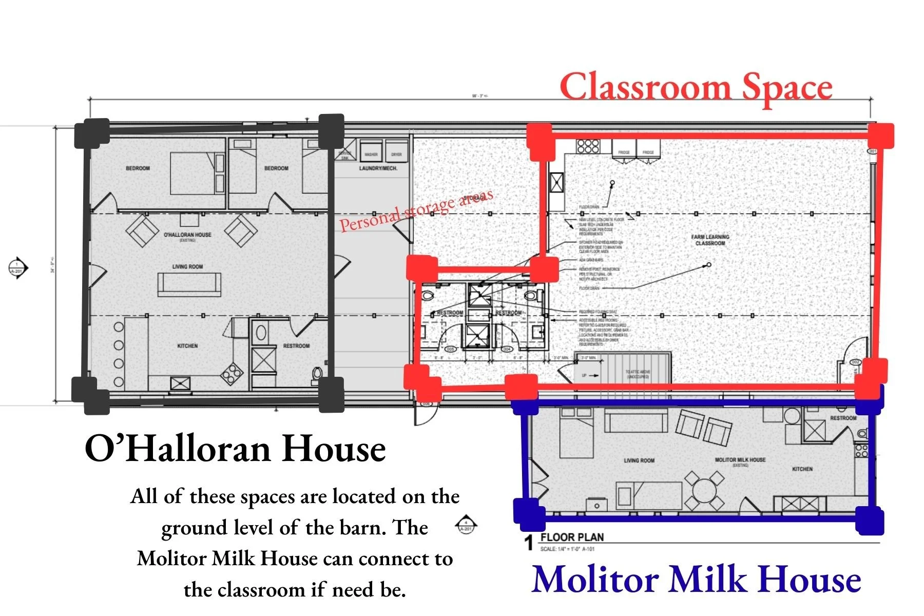 Floor plan of O'Halloran House and Molitor Milk House, with red and blue borders respectively. The plan shows various rooms including bedrooms, living rooms, kitchens, restrooms, and mechanical rooms, with the Molitor Milk House connected to the clas
