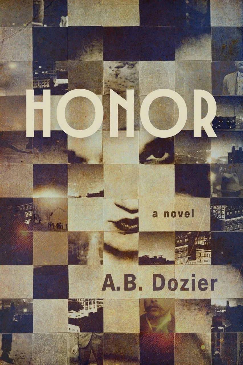 Cover of Honor by A.B. Dozier. A pattern of geometric squares in shades of tan and gray. A woman's profile can be seen in the center of the page, and the title is in beige block letters.