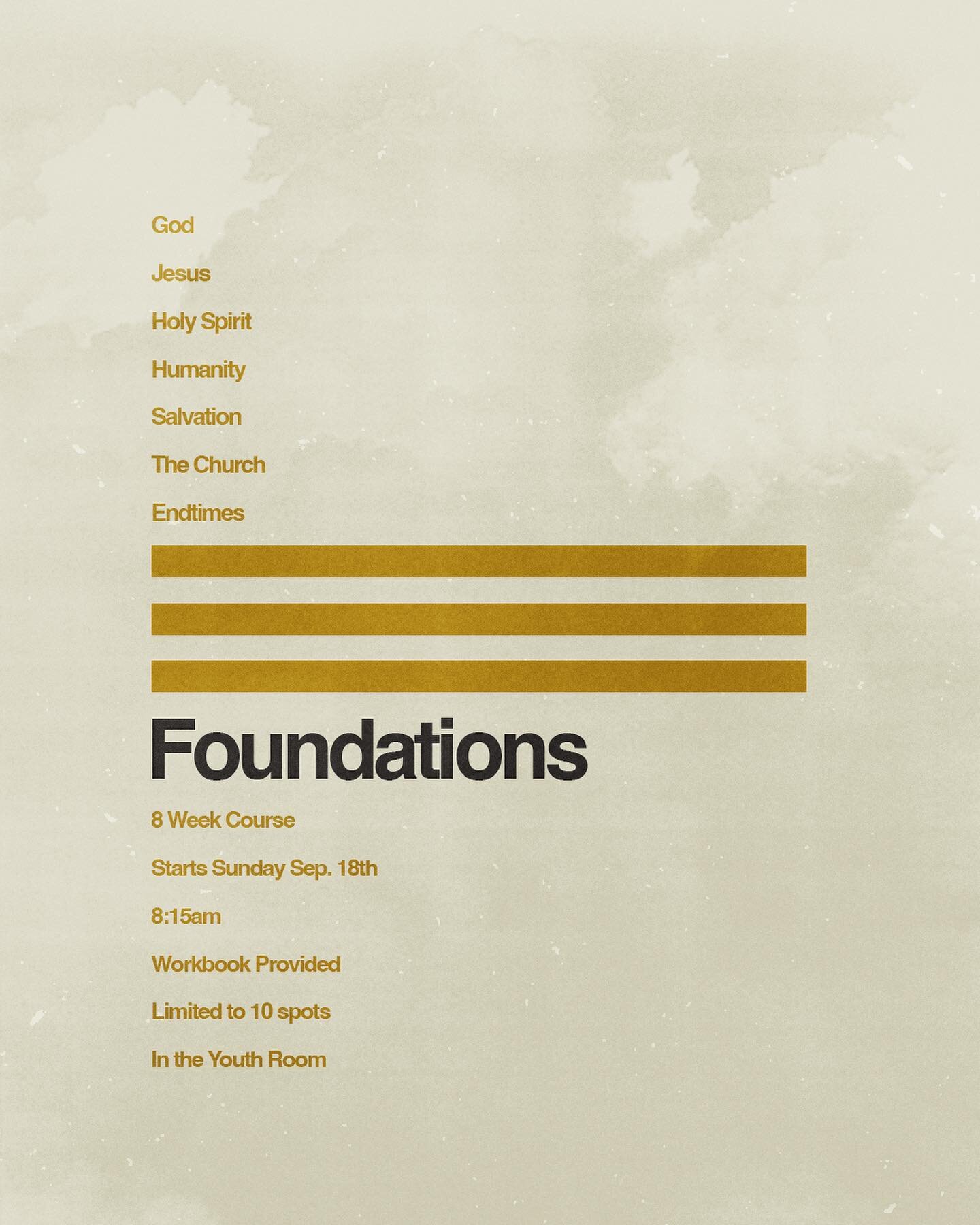 Church &mdash; We&rsquo;re starting a Foundations course for those looking to ground their faith in the basics of theology. If you&rsquo;re new to Christianity or looking to get a refresh, then this is the course for you. 

Casey Fritz will be taking