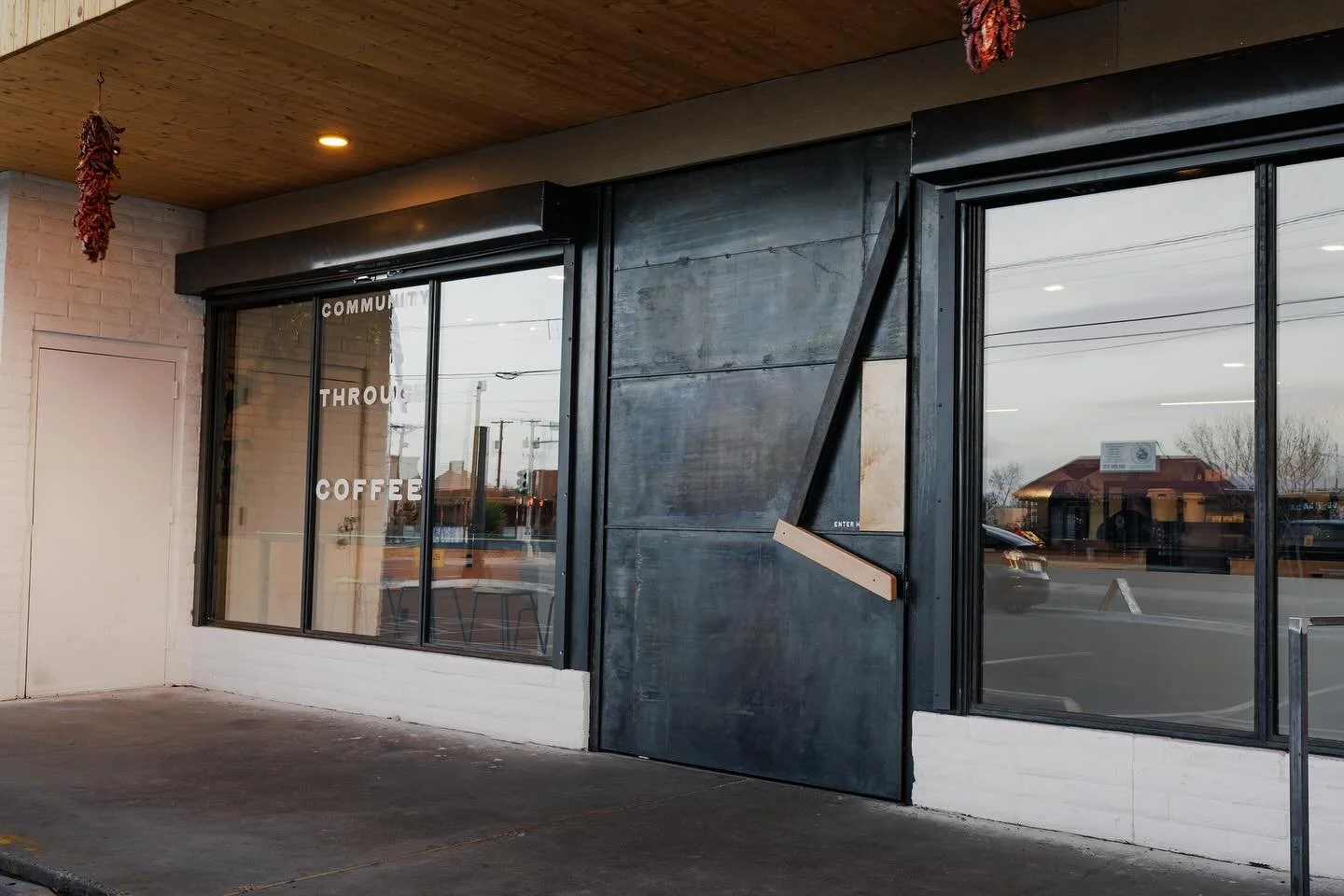 This big ol&rsquo; Sol 0 pivot door.. unique and bold, just like the coffee shop. Blackened patina with an oil rubbed finish allows the steel to age and mature, giving it a sense of life compared to paint or powder coat finish, which I love, one of o