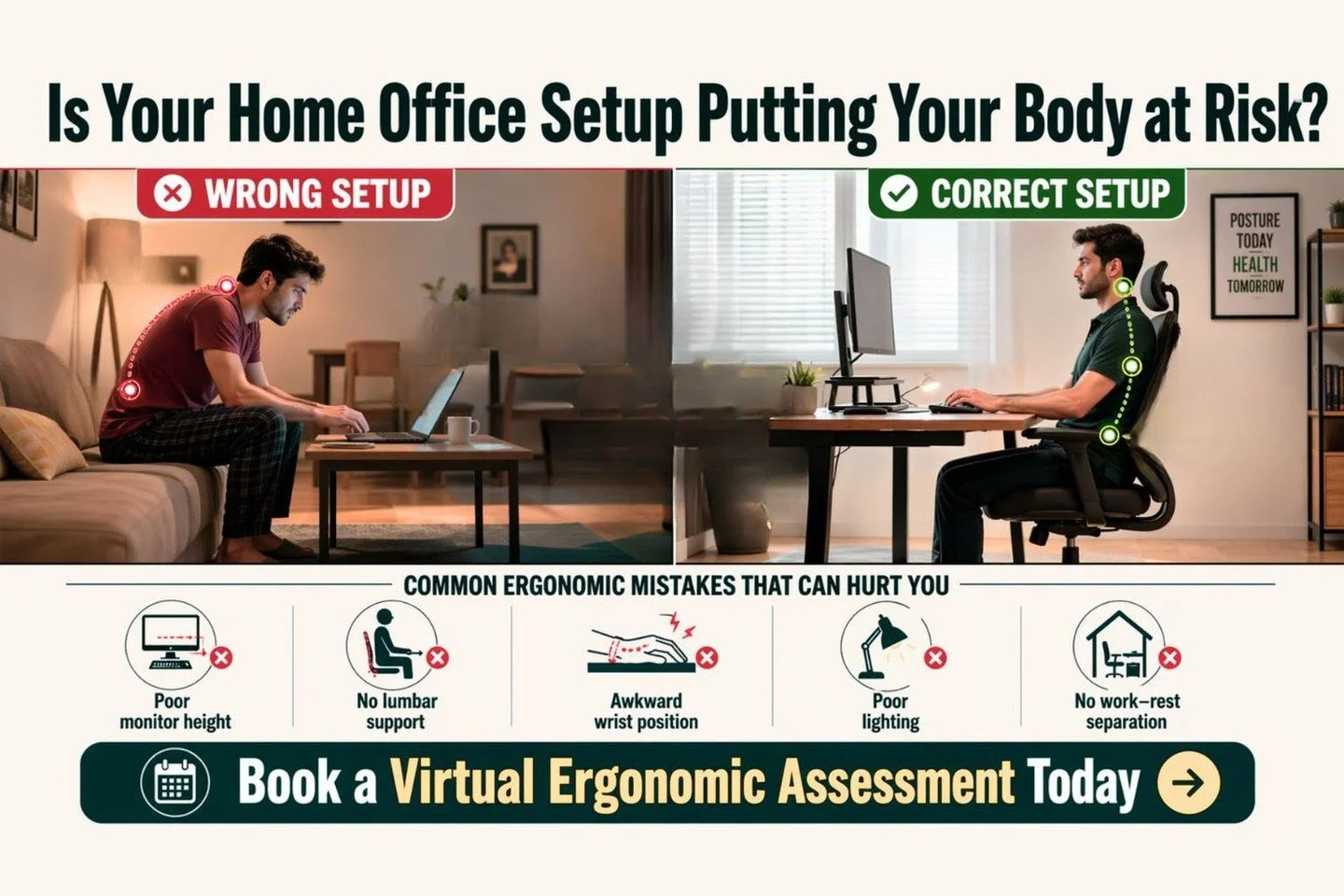 Hey&hellip; quick check 
Are you working from your bed, couch, or dining table these days?

It might feel okay now, but over time, that setup can lead to neck pain, wrist strain, and even musculoskeletal disorders.

Things like poor screen height, in