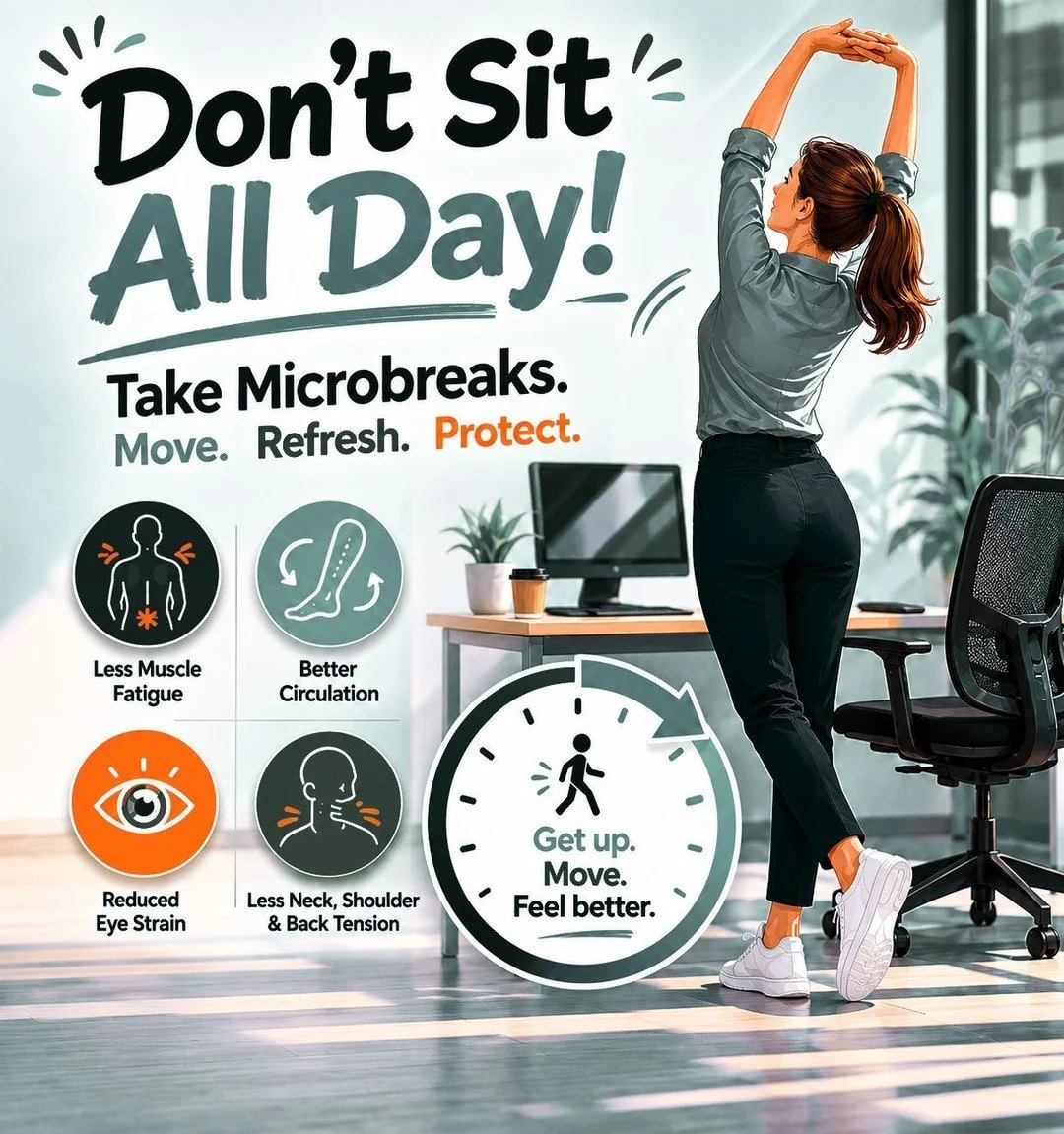 Do you ever look up from your screen and realise you have been sitting in the same position for hours?

It happens to so many of us. We get busy, focused on work, and forget to move our bodies at all during the day

But even with a good setup, sittin