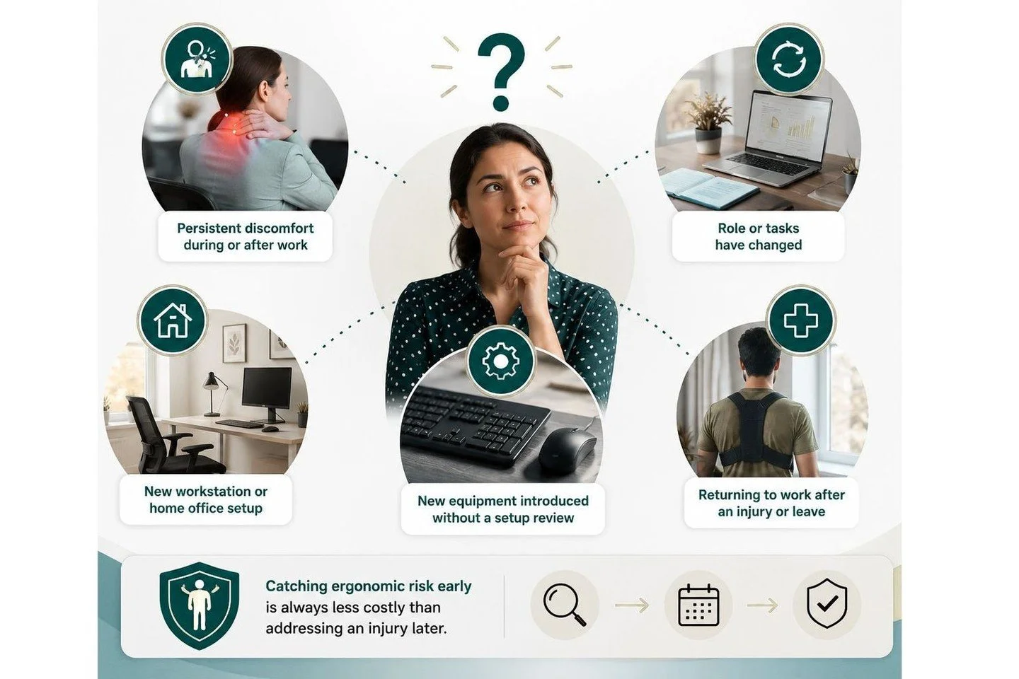 Hey, be honest 

How many of us wait until something starts hurting before we pay attention to our workspace?

Most people don&rsquo;t think about an ergonomic assessment until they&rsquo;re dealing with neck pain, back discomfort, or sore wrists or 