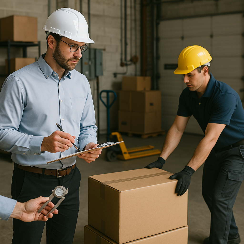 Workplace scene showing a certified ergonomist using measuring tools and a clipboard while observing a worker lifting equipment, illustrating components of a Physical Demands Analysis