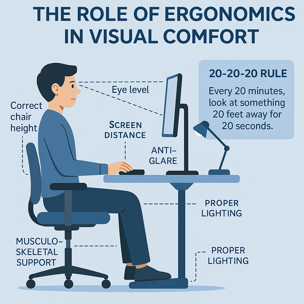 Ergonomic workspace with monitor angled away from sunlight, indirect lighting, and anti-glare screen to reduce visual discomfort.