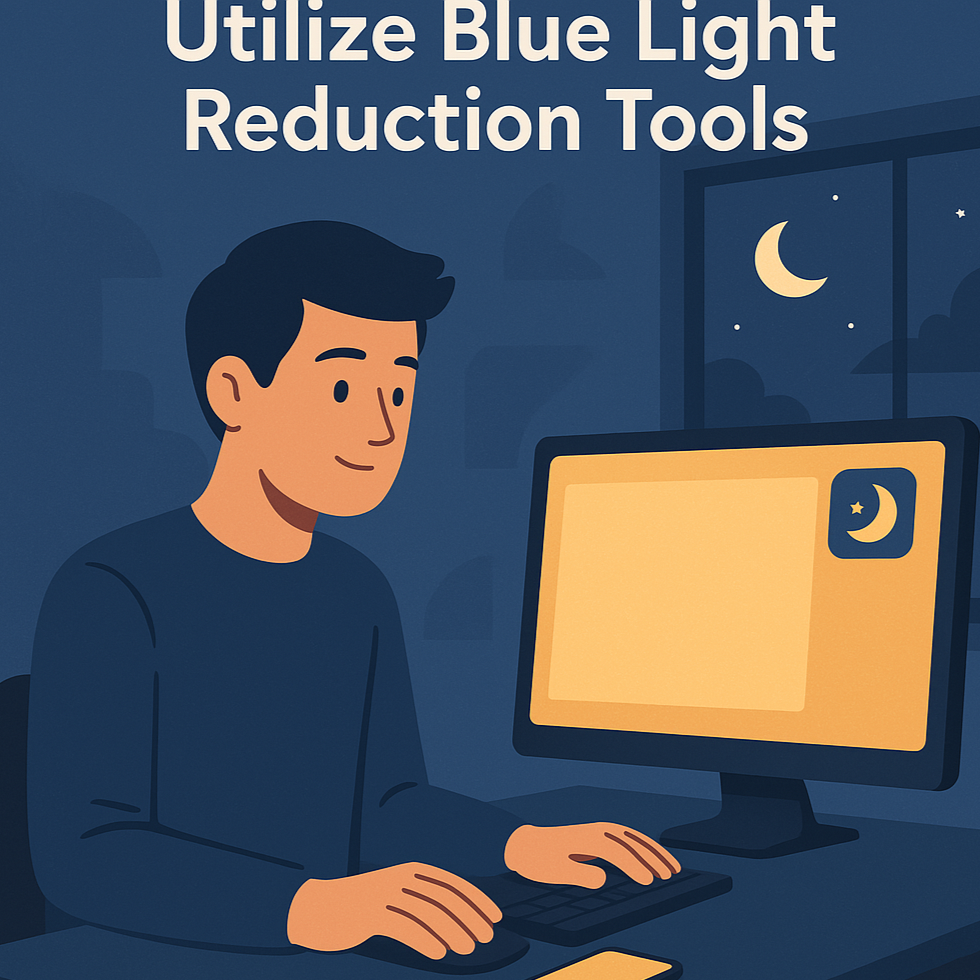 Person using a computer with a warm-toned screen and night mode icon, in a dimly lit room, illustrating blue light reduction for visual comfort and better sleep.