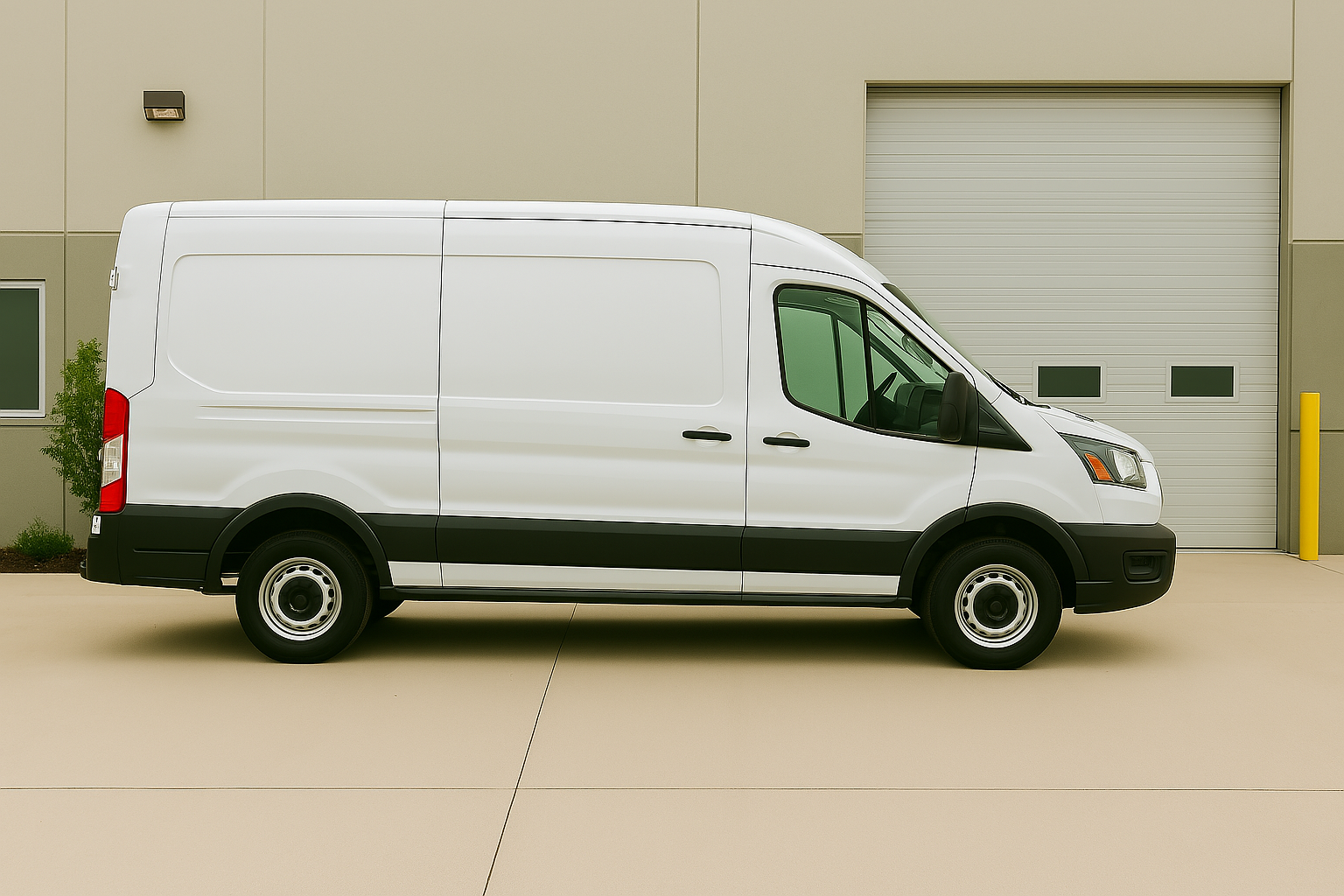 Side view of a white cargo van parked in front of a beige industrial building with a closed garage door and yellow bollard."