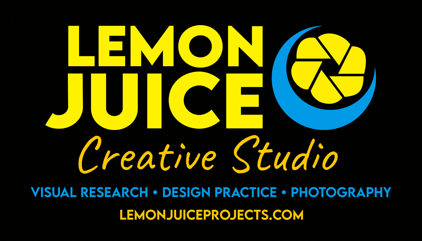 Logo for Lemon Juice Creative Studio with a lemon slice graphic, yellow and blue text on a black background, including a website URL