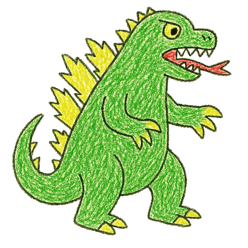 Child's drawing of a green dinosaur with yellow spikes on its back, yellow claws, and an open mouth with sharp teeth.