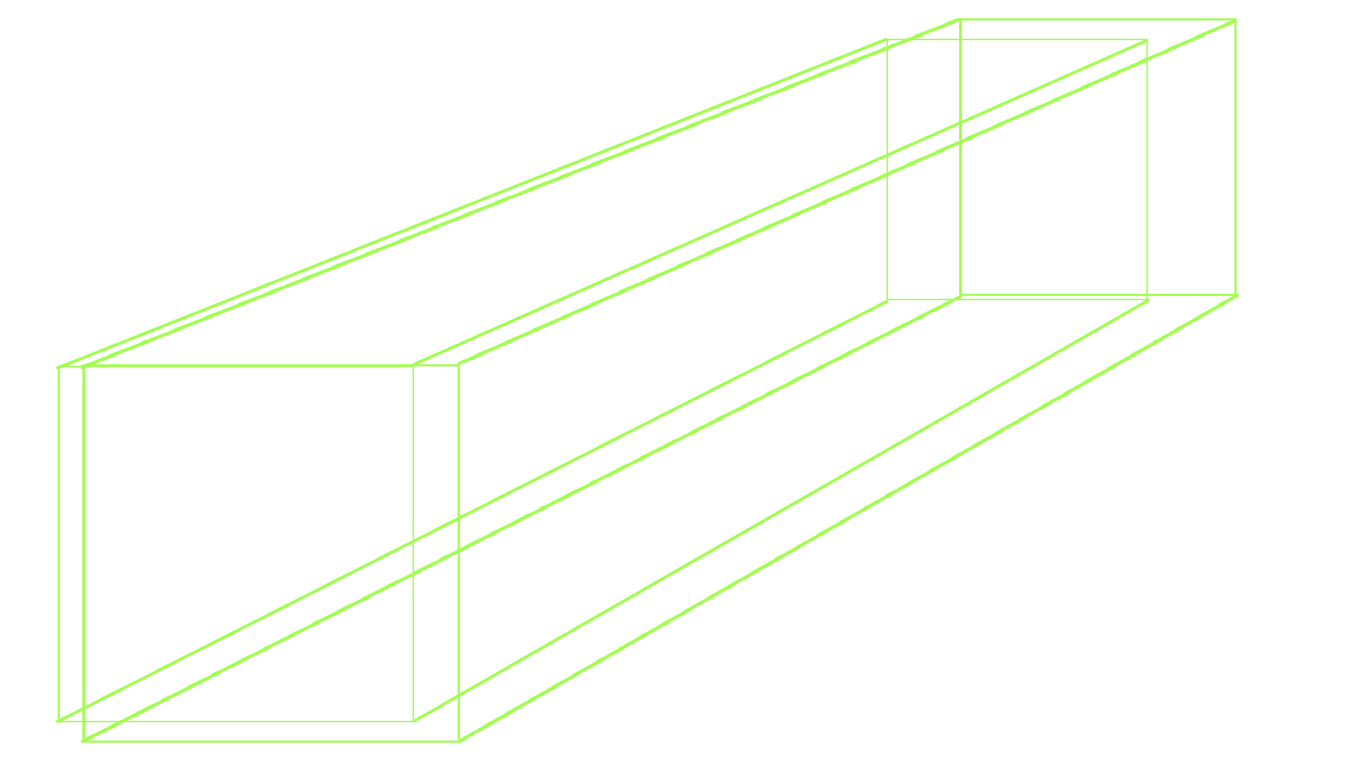 Line drawing of a 3D rectangular structure with multiple compartments, outlined in lime green, on a white background.