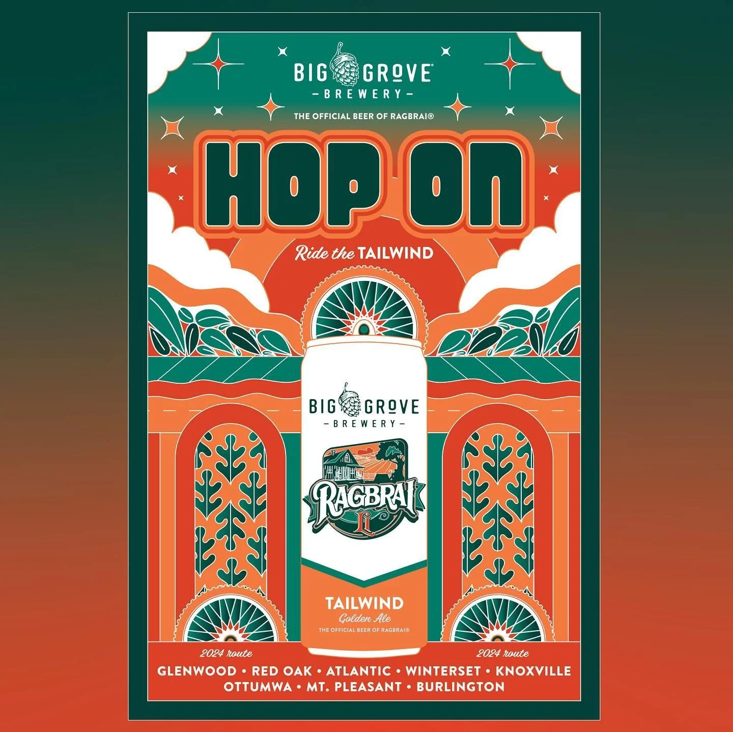 HOP ON! 🚴&zwj;♀️Really excited to share the event poster and tee design for @biggrovebrewery Tailwind golden ale - the official beer of @ragbrai. The week long bicycle festival across the state of Iowa kick off tomorrow!