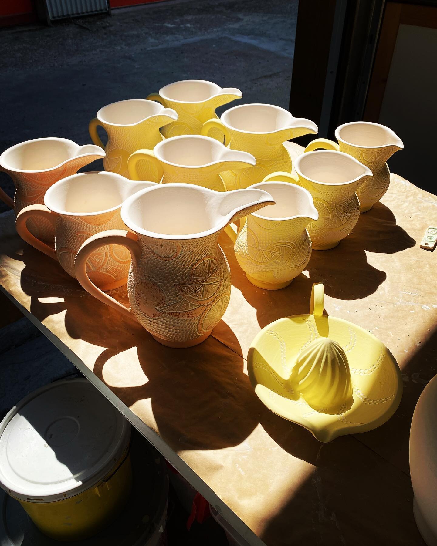 Glazing Lemonade and OJ jugs for the SUMMER SIZZLER Clay Festival happening Saturday, July 8th at the Mergatroid Building Courtyard &amp; Georgina Lohan Studio, 11:00am-4:00pm.
Check out those cool clay artists who will be participating 
@georginaloh