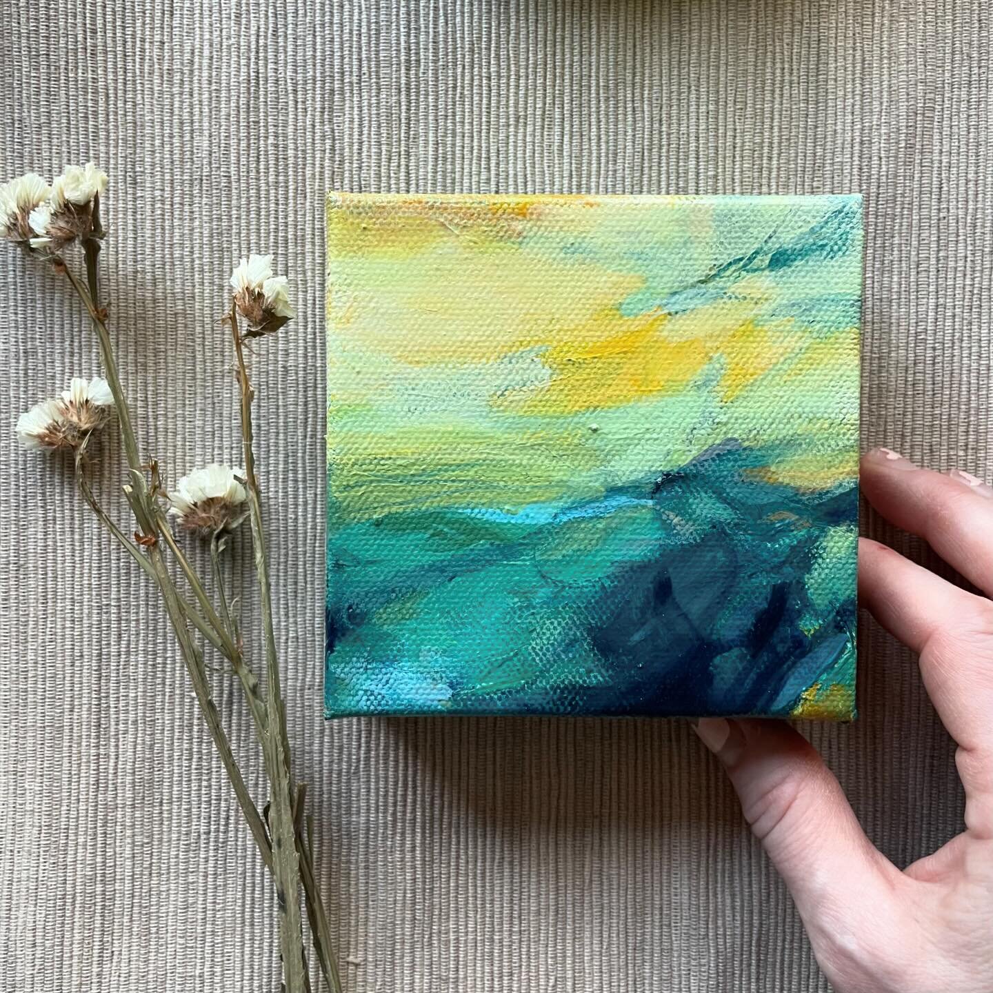 The mini paintings in the recent collection are so fun. I&rsquo;ve been spending more time outside, seeking out open spaces, and love how these reflect that. 

Soak in the View I &amp; Ii, 4x4&rdquo;, acrylic on canvas 
These have sold, but a few pai