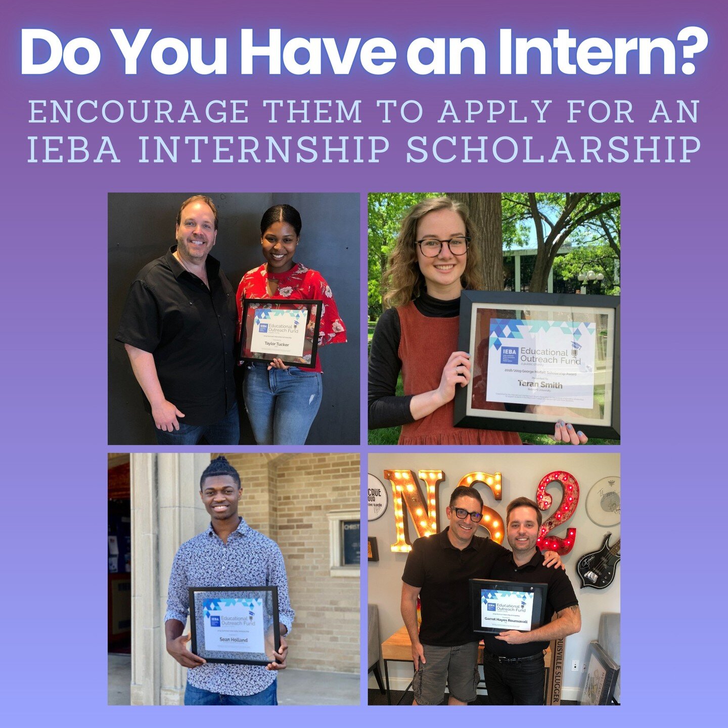 Encourage your interns to apply for an IEBA Internship Scholarship!

https://www.ieba.org/scholarships