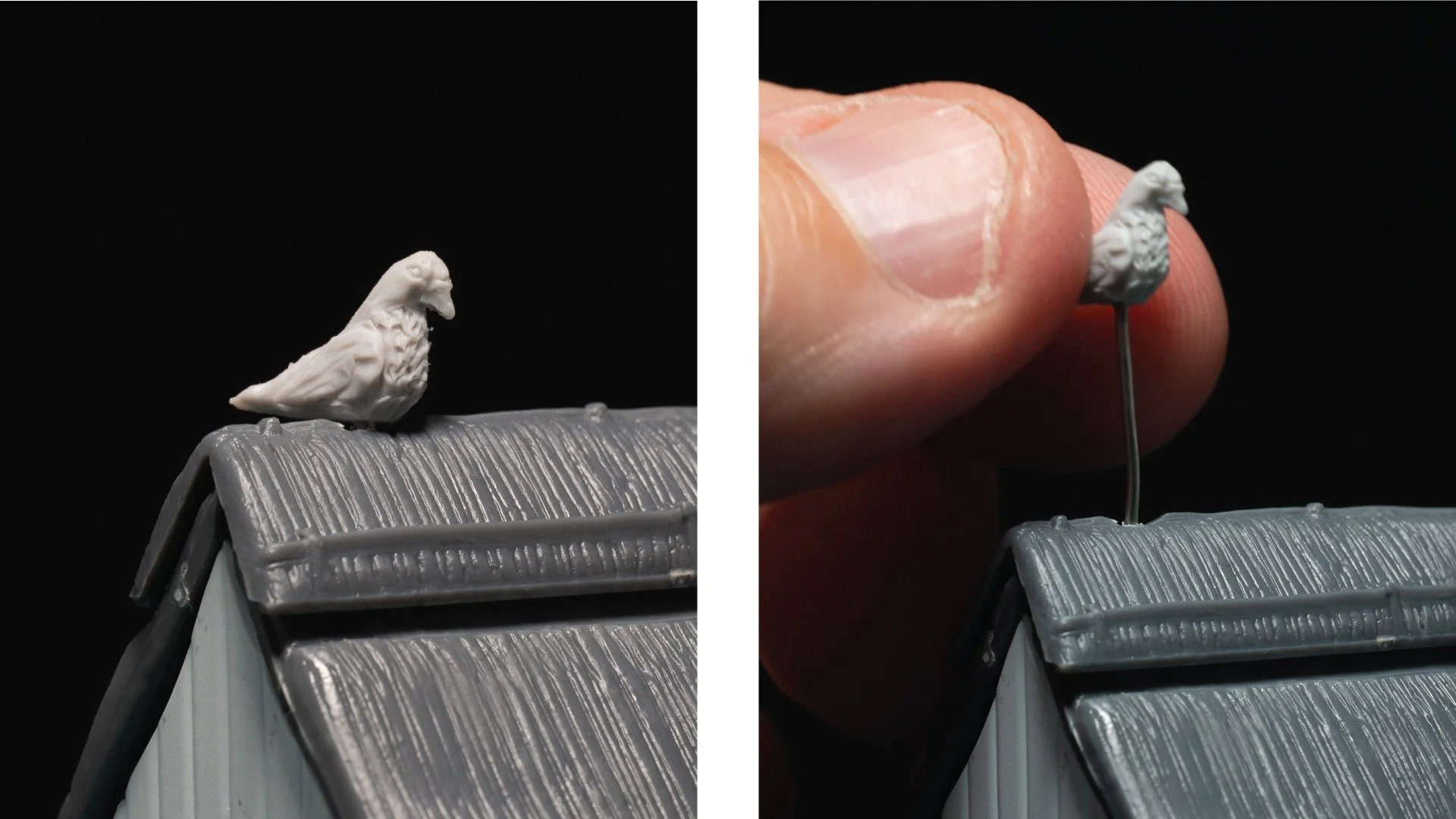  The pigeon on the roof is removable. Pigeon in resin by Bad Squiddo Games. 