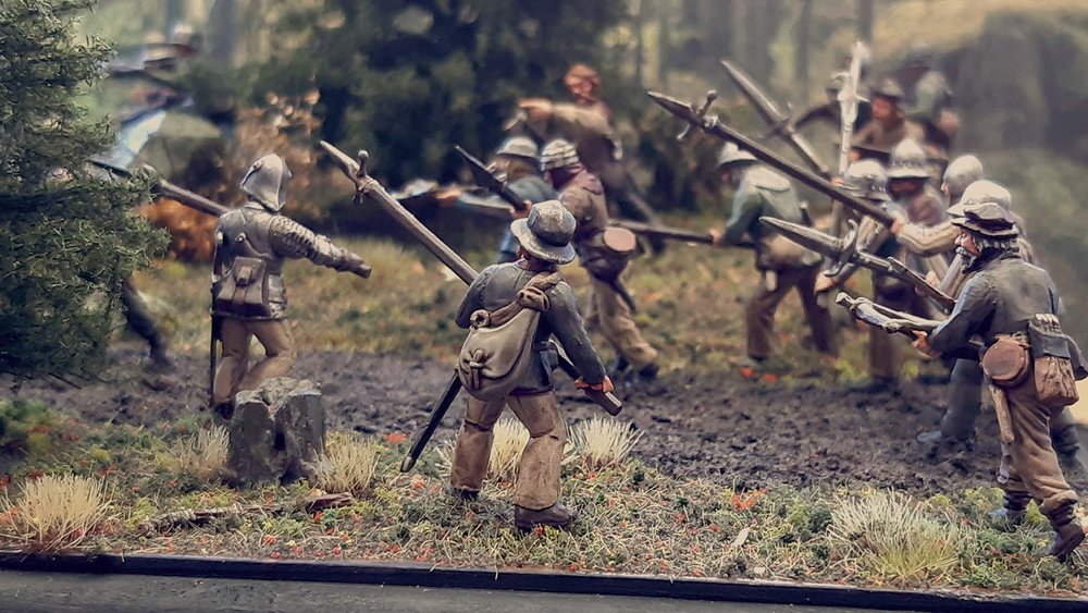  A great scene of a Swedish ambush on some Danish mercenaries marching through the forest. The peasants are converted Perry miniatures. 