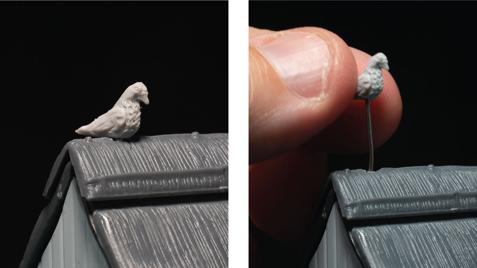  The pigeon on the roof is removable. Pigeon in resin by Bad Squiddo Games. 