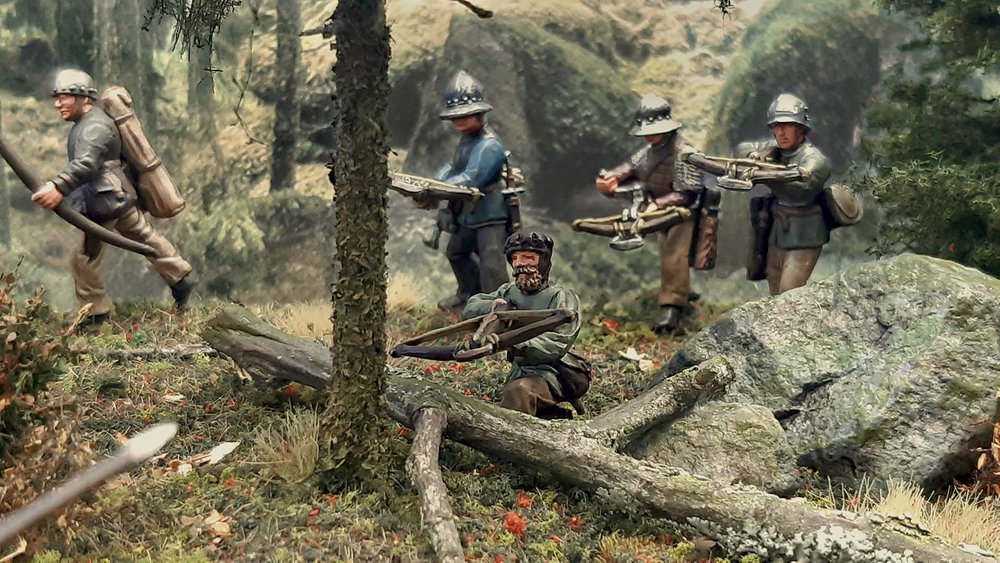  A great scene of a Swedish ambush on some Danish mercenaries marching through the forest. The peasants are converted Perry miniatures. 