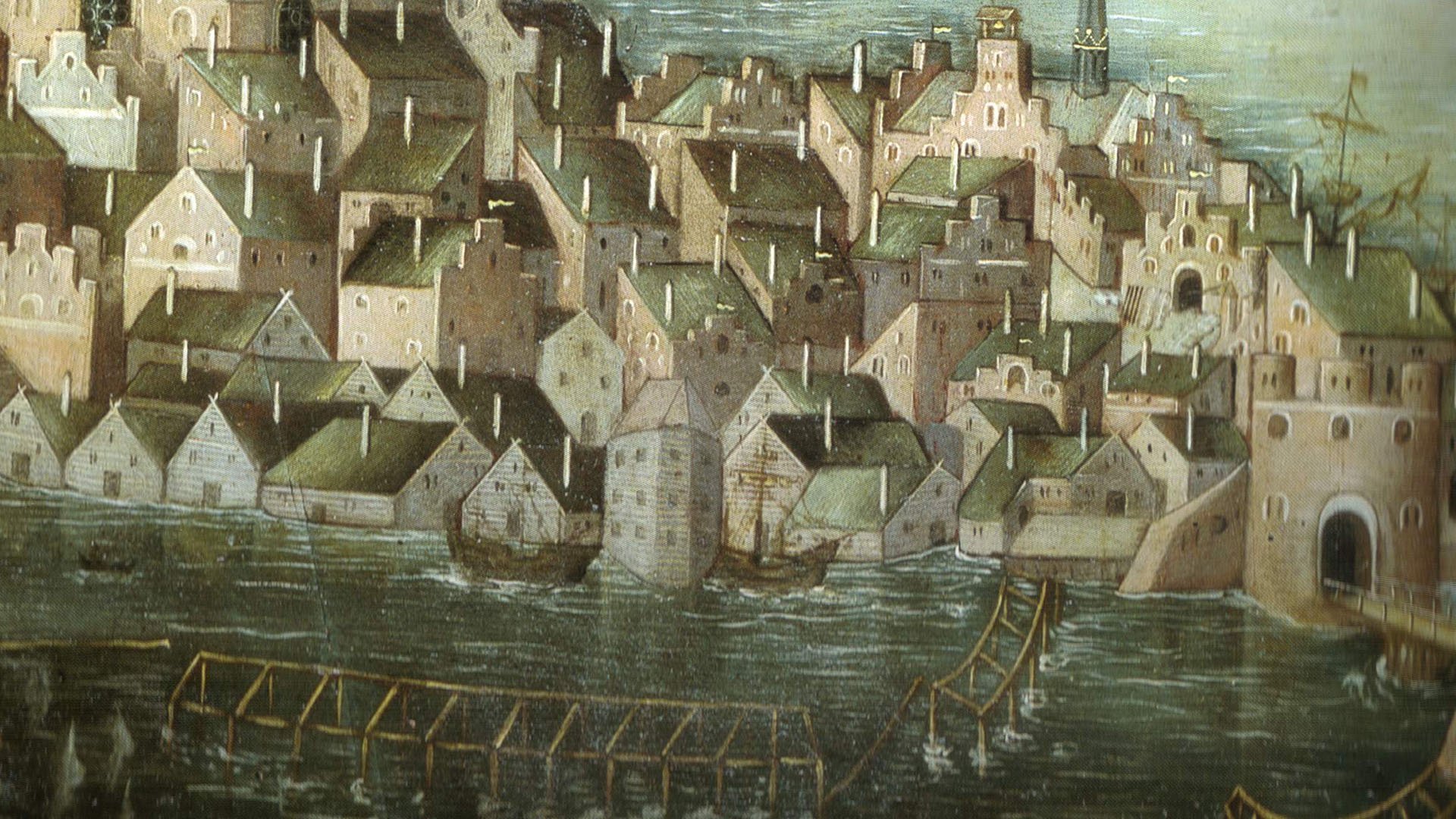  Detail of Vädersolstavlan, The Sundog Painting, from 1535, but this is a copy from 1636. The detail shows the southwestern part of what today is Gamla stan, the Old Town. The bridge and gate to the right is the southern entrance to the city, today k