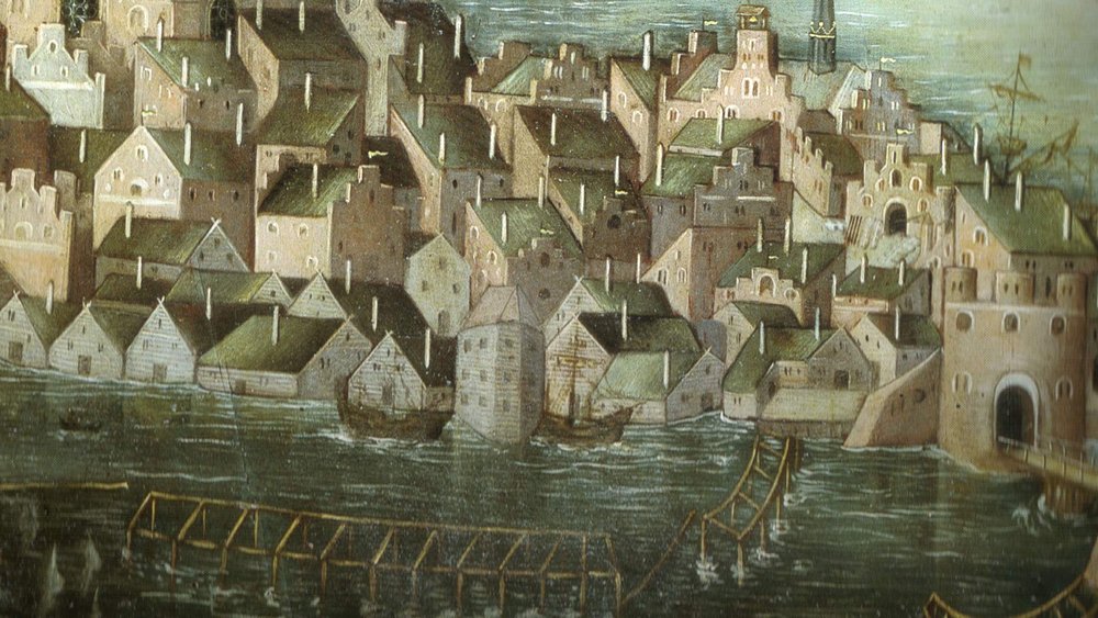  Detail of Vädersolstavlan, The Sundog Painting, from 1535, but this is a copy from 1636. The detail shows the southwestern part of what today is Gamla stan, the Old Town. The bridge and gate to the right is the southern entrance to the city, today k