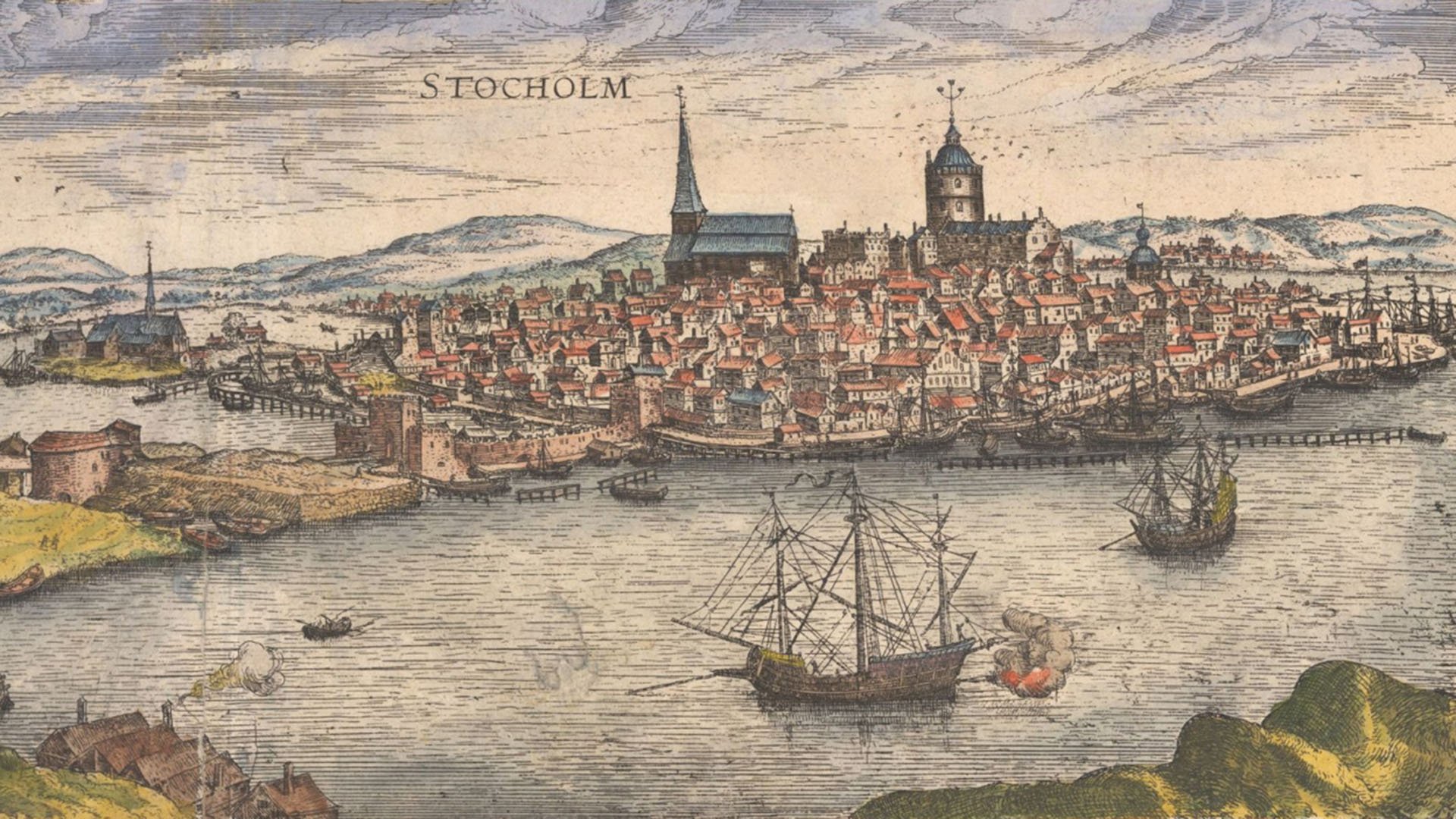  Stockholm as printed in Georg Braun’s “Civitates orbis terrarum” from 1572. Painted by Frans Hogenberg after a sketch by Hieronymus Scholeus. This is the southeastern shore of the modern Old Town. Slussen is visible as the bridge and gates to the le