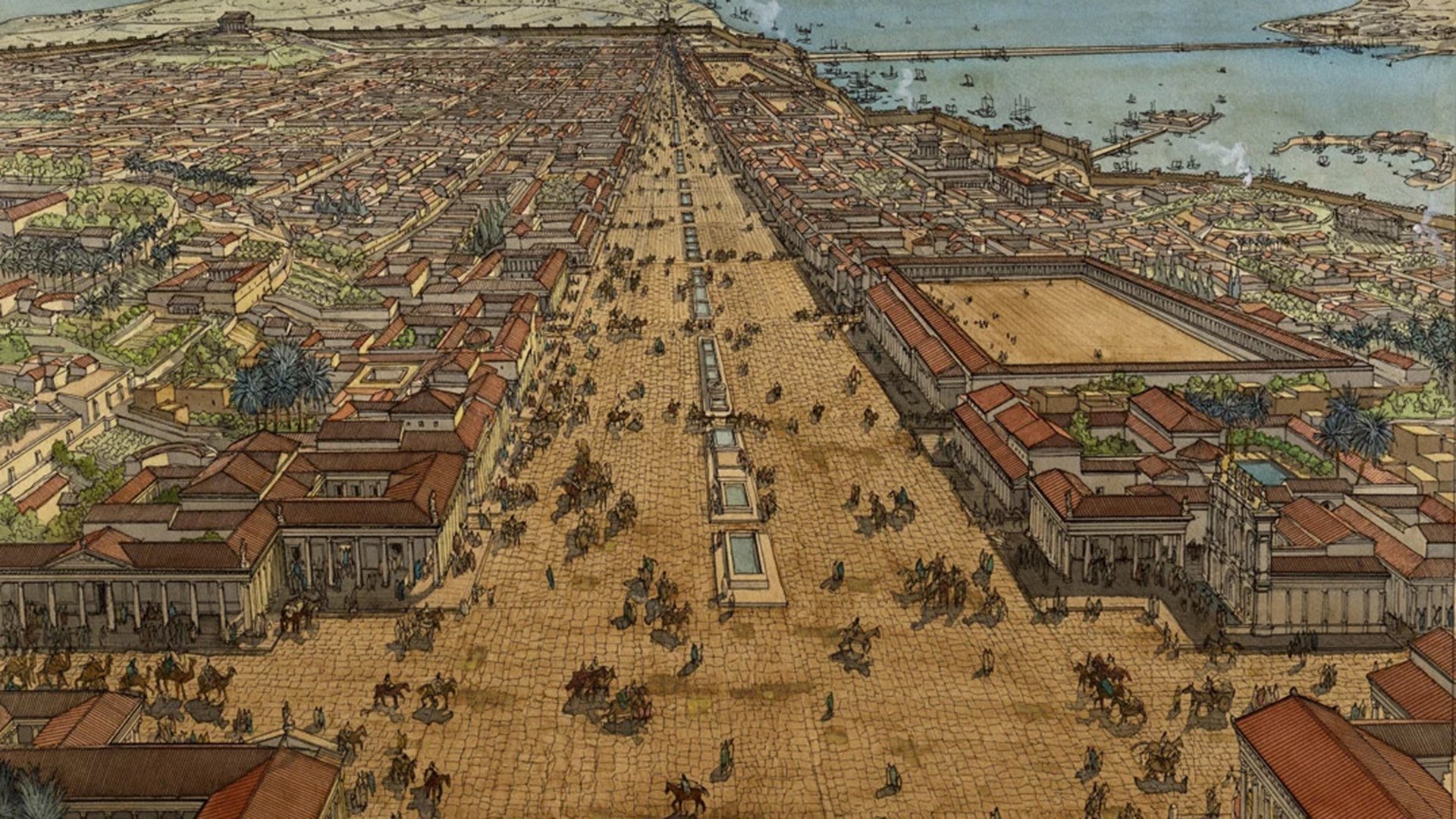 Historical architectural illustration of ancient Alexandria by Jean Claude Golvin from a bird's-eye view, showcasing a wide colonnaded street and the distant harbor.