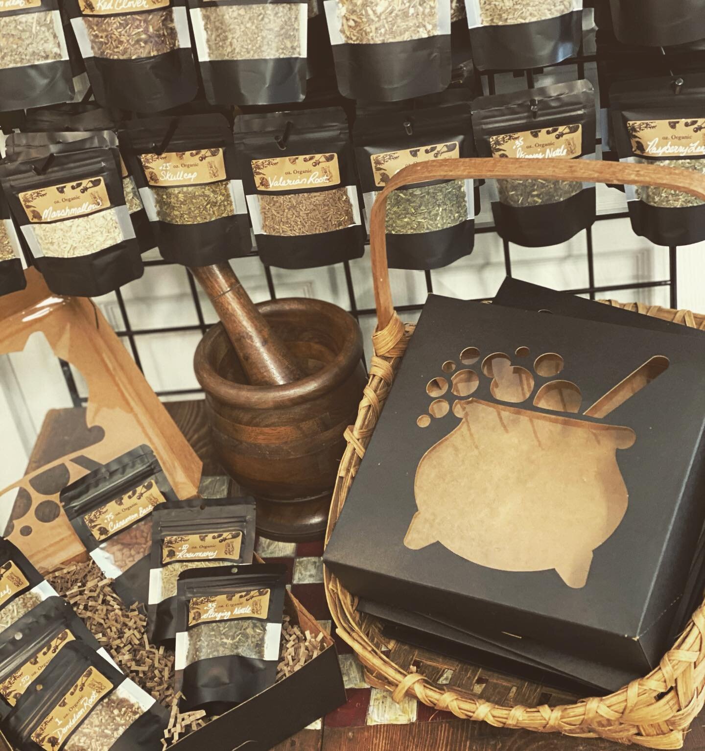 Create your own apothecary gift box in one of these adorable cauldron boxes! Bagged herbs are typically $4 each however our $20 boxes include your choice of any 6 a-la-carte herbs. (All herbs are organic and food grade). Build your own boxes will be 