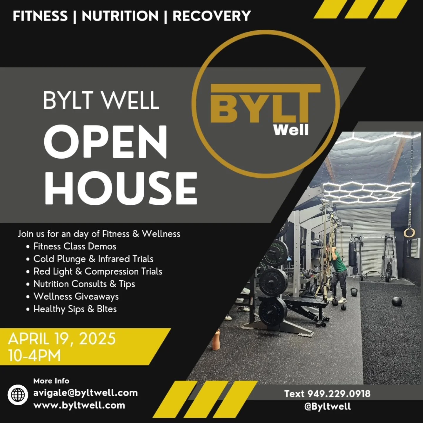 🎉 YOU&rsquo;RE INVITED! 🎉
Join us for the BYLT WELL OPEN HOUSE
🗓 Saturday, April 19th | ⏰ 10 AM &ndash; 4 PM
📍@byltwell | 23561 Ridge Route Drive #M Laguna Hills, CA

Experience our full vibe with:
💪 Free fitness demos
🧖&zwj;♀️ Cold plunge + in