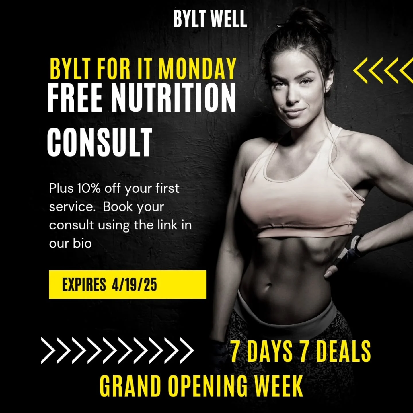 MONDAY STARTS STRONG!
It&rsquo;s BYLT FOR IT MONDAY &mdash; and we&rsquo;re kicking off our Grand Opening Week with a 🔥 deal:

FREE Nutrition Consult

10% OFF your first service

Whether your goals are fuel, fat loss, or hormone balance, let&rsquo;s