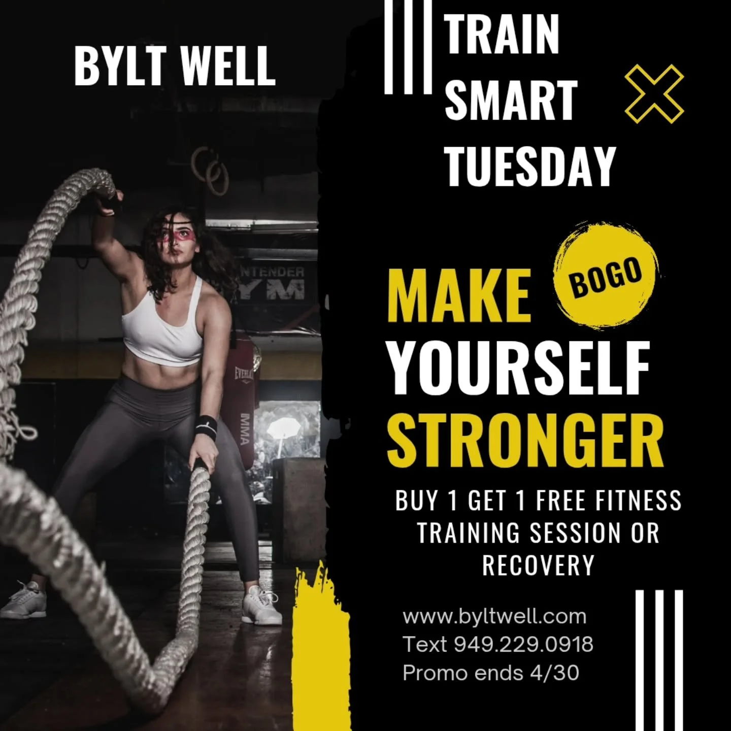 Train Smart. BYLT Strong.
It's TRAIN SMART TUESDAY &mdash; and this BOGO deal is built for the grind:

💪 Buy 1 Get 1 FREE
Choose: Fitness Training Session OR Recovery Treatment
Bring a friend, or double up on your goals!

You&rsquo;ve got the mindse