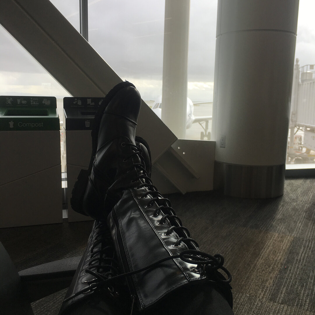 Boots, stripey socks sliding across the airport, my flight without me. Portland, I&rsquo;m coming for you. soon!