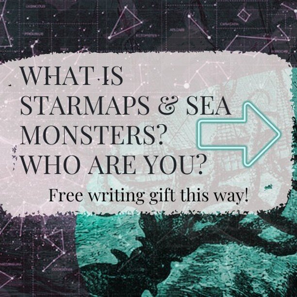 ID: Introductory slideshow for Syr and Starmaps &amp; Sea Monsters, full ID below: 
1. What is Starmaps &amp; Sea Monsters, and who are you? Free writing gift this way (arrow to the right). Background is a constellation and kraken! 
2. HI, I'm Syr. P