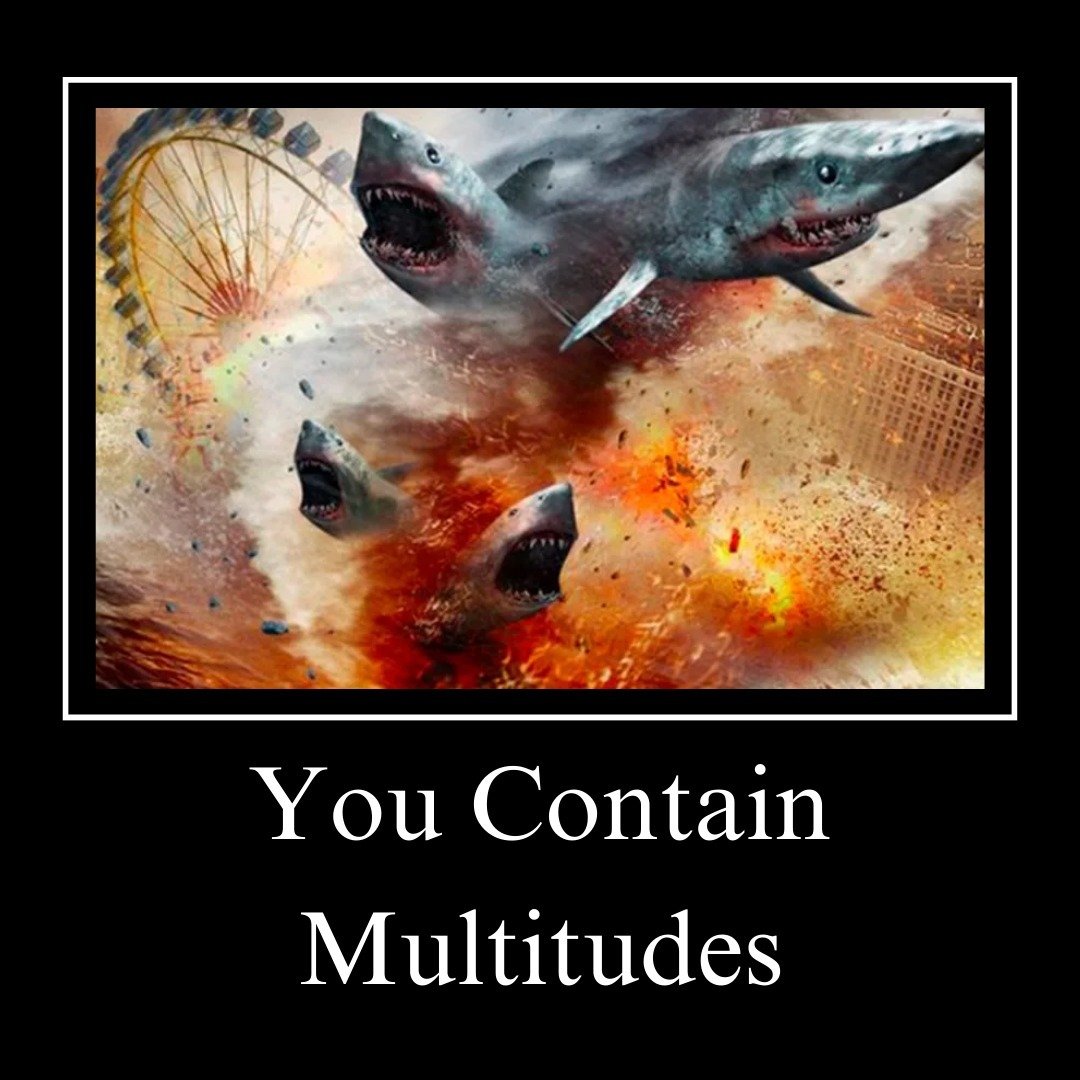 Made some silly queer affirmations for Earth Day inspired by eco-horror films. Here's one! Full article coming soon! 

ID: Image of Sharknado, a tornado with sharks, and the line &quot;You contain multitudes.&quot;