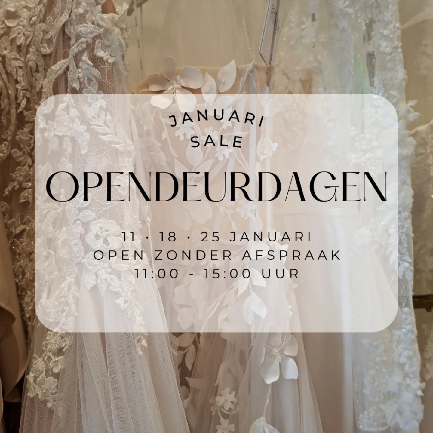 JANUARI SALE 🤍

 

De hele maand januari kan je bij ons terecht voor pasmodellen met 25-50% korting.

Liever zonder afspraak langskomen? Dat kan tijdens onze drie opendeurdagen op 11, 18 en 25 januari van 11:00 tot 15:00 uur. Kom gerust binnen om on